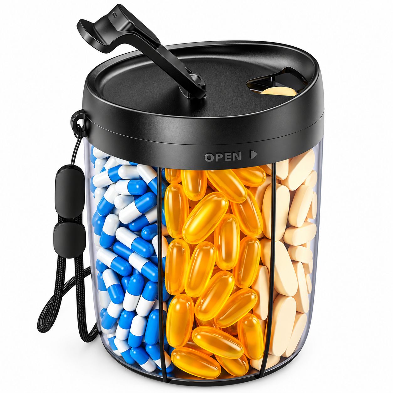 Offener Pillenbehälter mit zwei Fächern, gefüllt mit blauen und gelben Kapseln. BPA-frei.