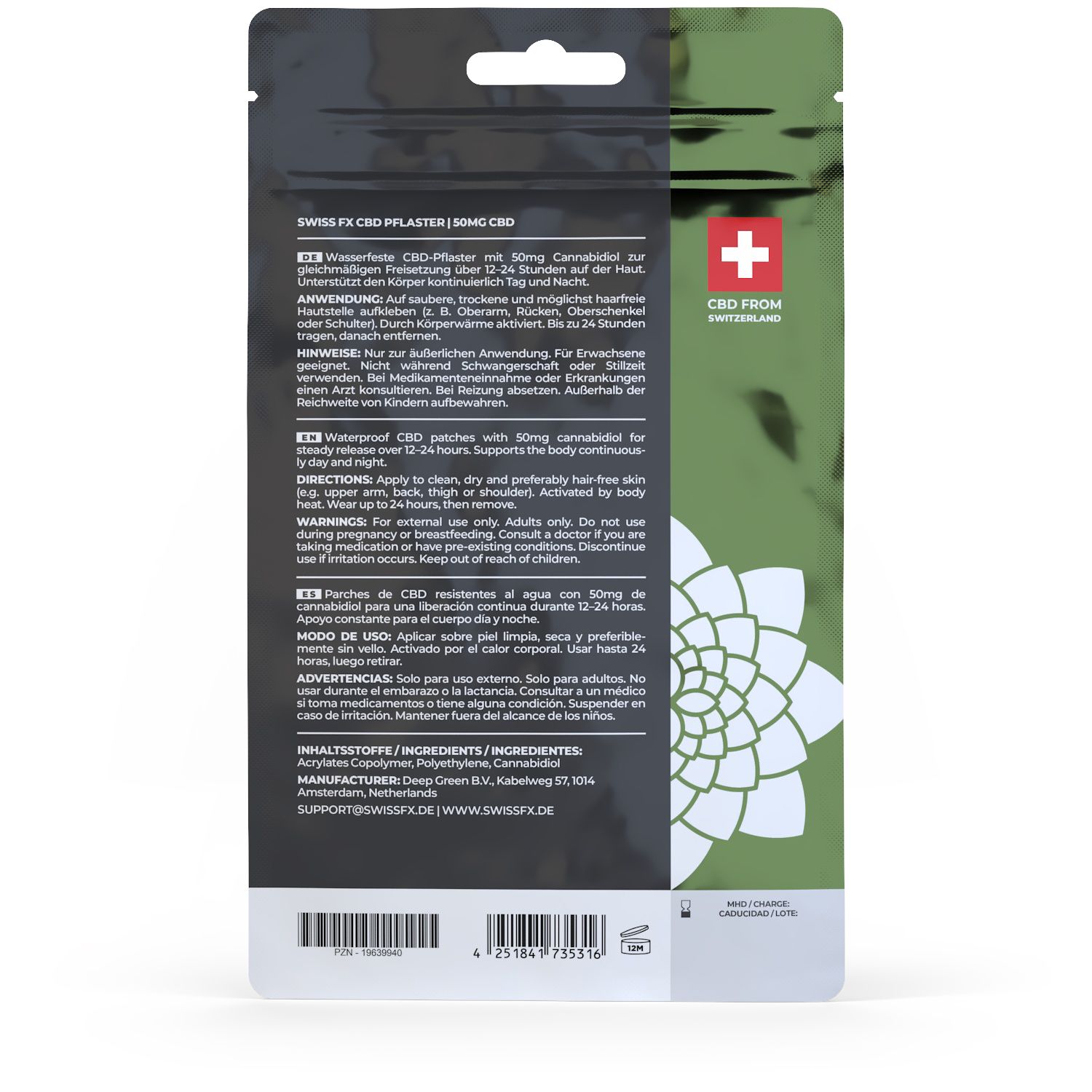 Rückseite der Swiss FX CBD Pflaster Verpackung. Enthält Anwendungshinweise und Inhaltsstoffe. 50mg CBD pro Pflaster.