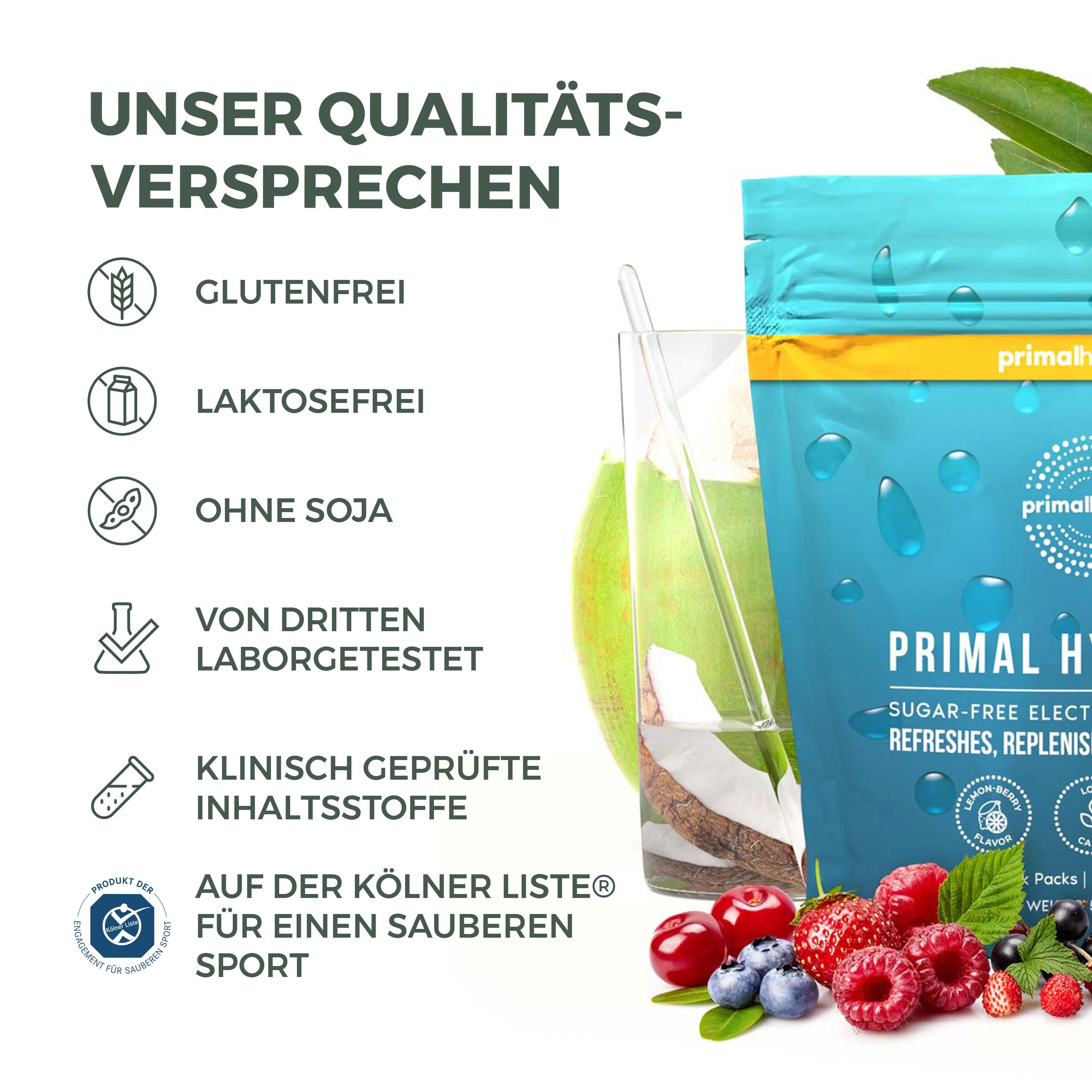 Primal Hydration Produktverpackung mit Icons und Früchten. Glas mit Getränk und Früchten.
