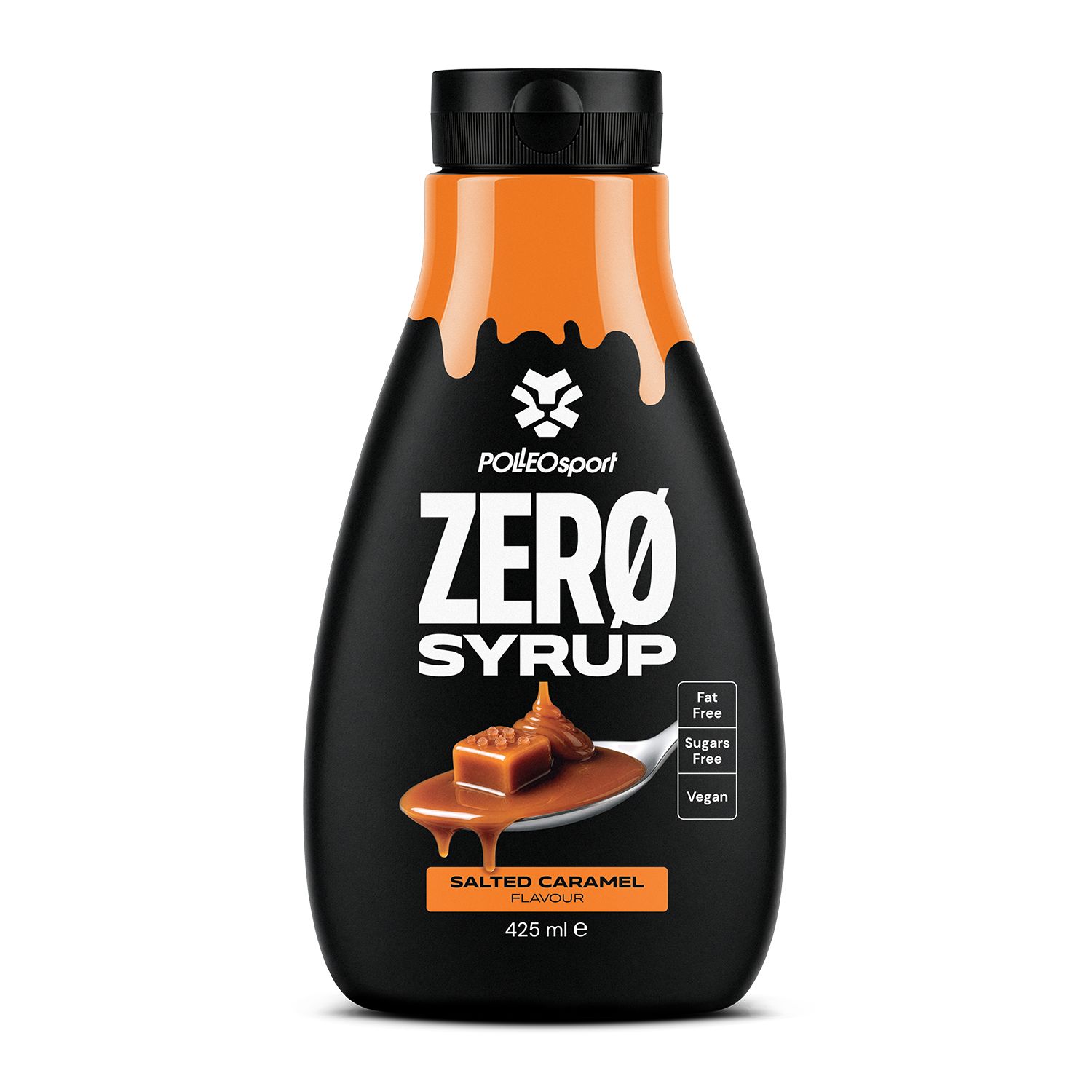Schwarze Flasche PolleoSport Zero Sirup, Salted Caramel Geschmack. Etikett zeigt 'Fat Free', 'Sugars Free', 'Vegan'.