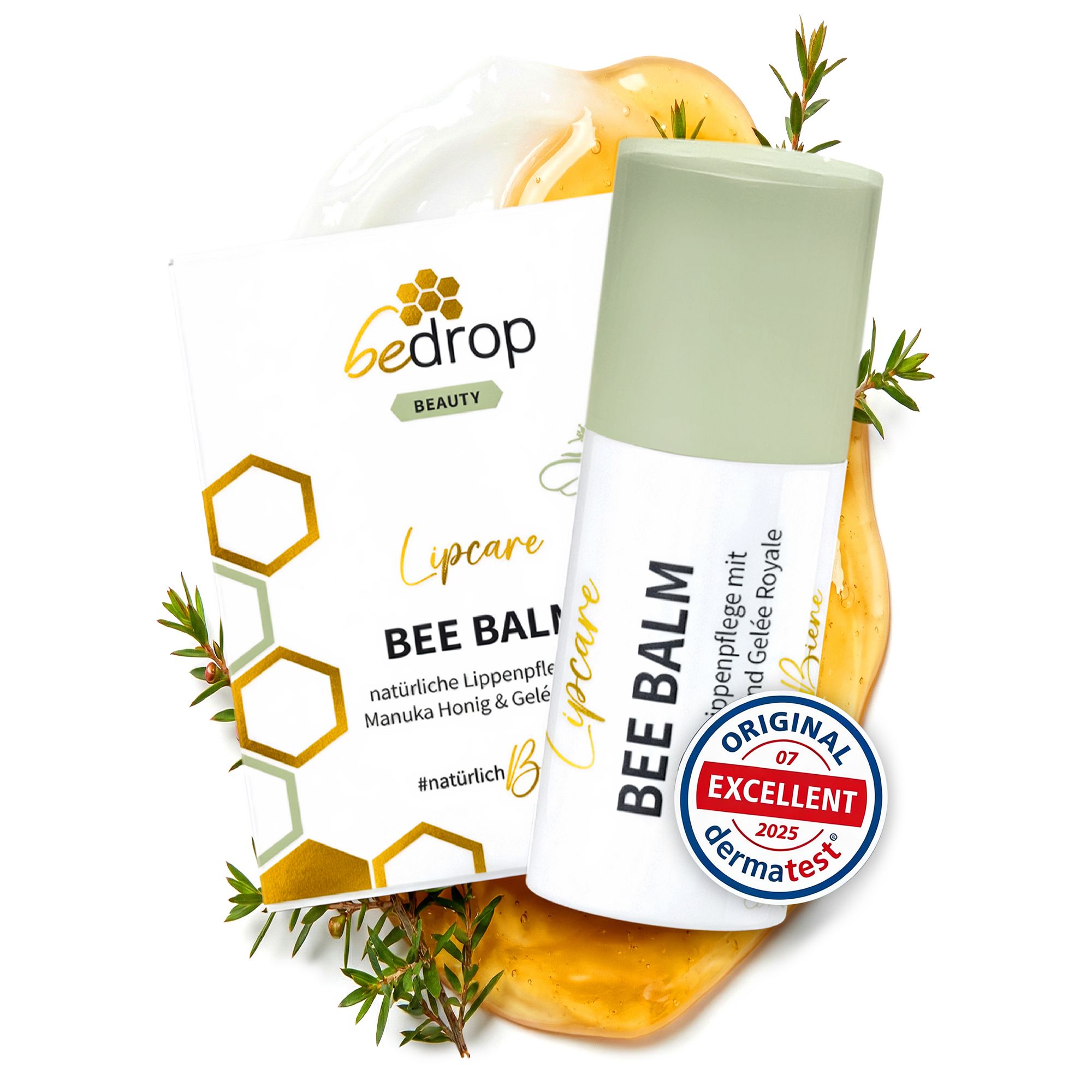 Lippenbalsam und Verpackung mit Zertifikat. Aufschrift: BEE BALM, Lipcare, bedrop. Zertifikat: ORIGINAL EXCELLENT.