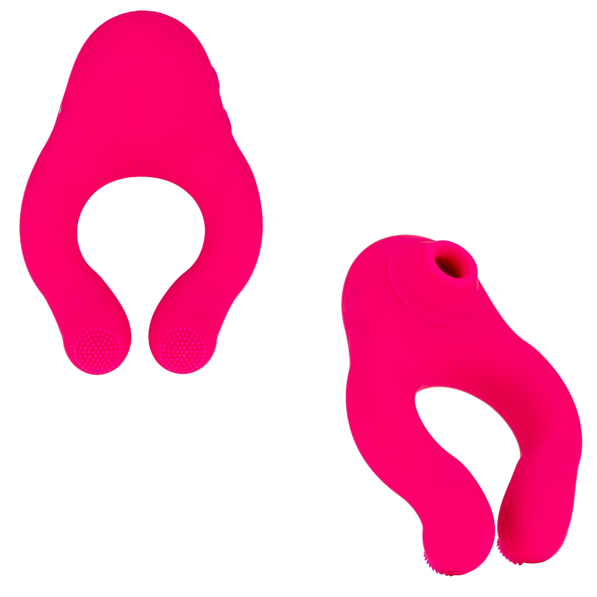 Zwei rosa, ringförmige Sexspielzeuge mit Öffnungen. Die Enden sind leicht strukturiert.