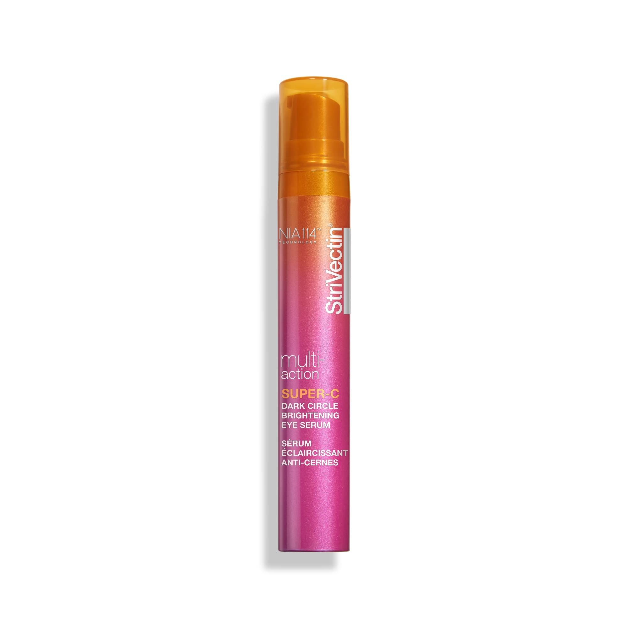 Zylindrische Flasche mit orangefarbenem Deckel. Aufschrift: Strivectin, Super-C Dark Circle Brightening Eye Serum.