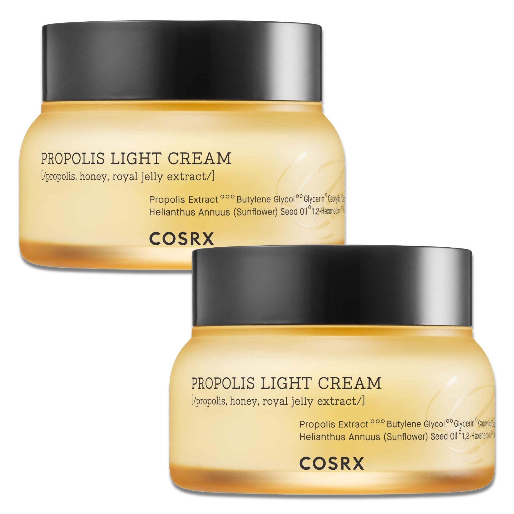 Zwei Tiegel COSRX Propolis Light Cream. Gelbe Gläser mit schwarzem Deckel. Text: Propolis Light Cream, COSRX.