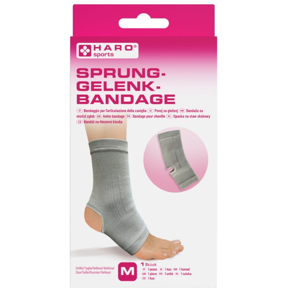 Haro Sprunggelenkbandage in Verpackung. Graue Bandage am Fuß, daneben Abbildung. Rosa Verpackung mit Produktname und Logo.