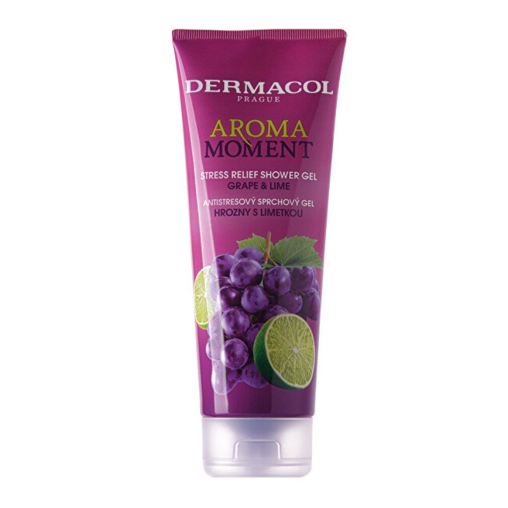 Lila Tube mit weißem Verschluss. Aufschrift: Dermacol Aroma Moment Grape & Lime. Abbildung von Trauben und Limette.