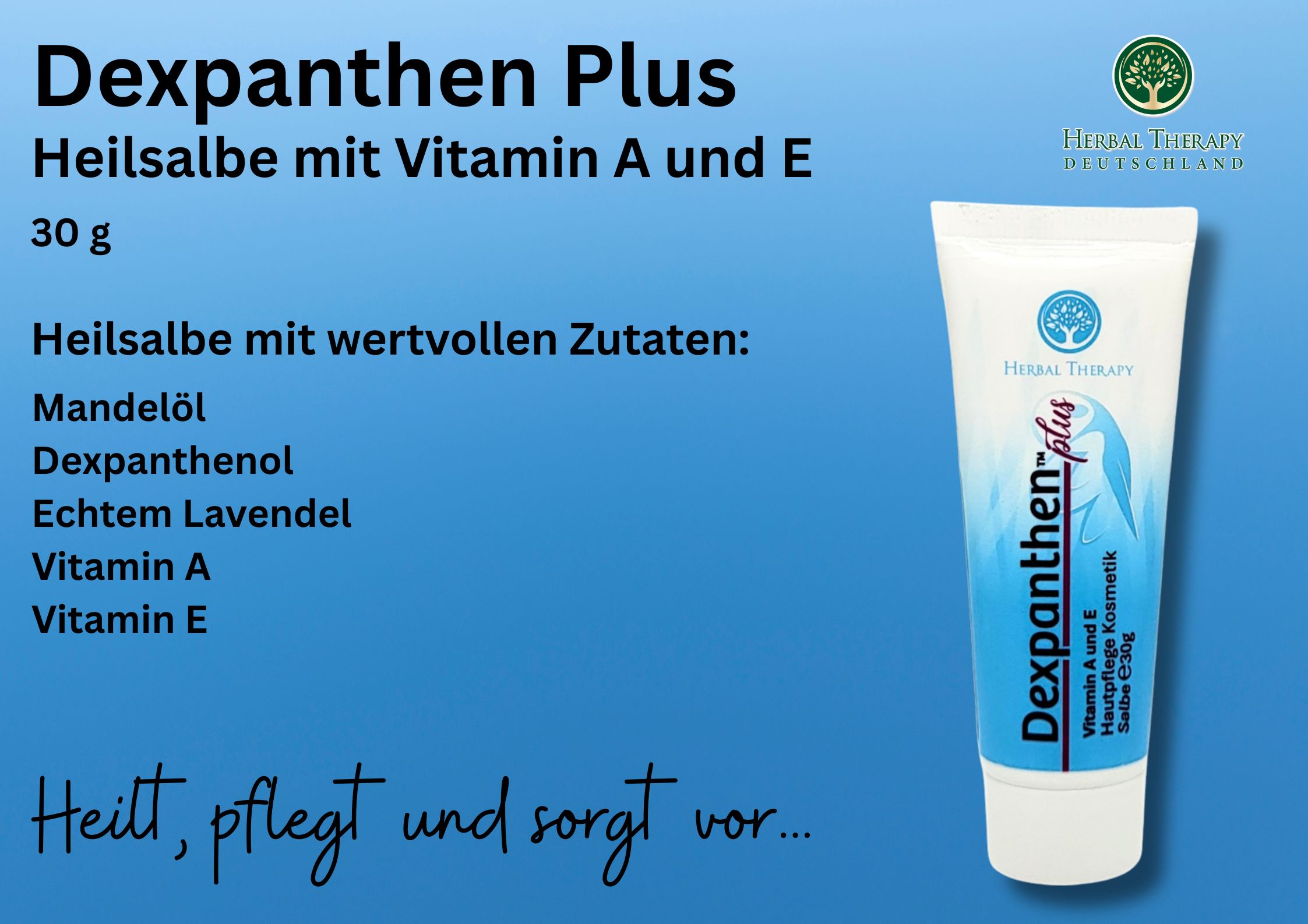 Herbal Therapy Dexpanthen Plus, 30g Tube. Heilsalbe mit Mandelöl, Dexpanthenol, Lavendel, Vitamin A und E. Auf blauem Hintergrund.