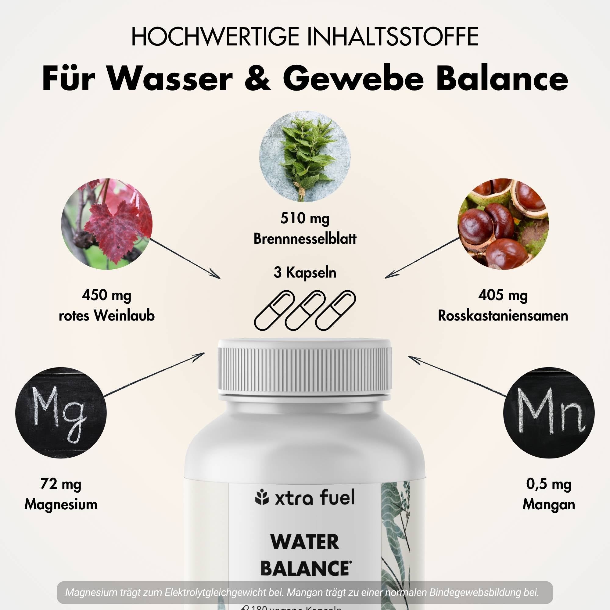 Weiße Flasche mit Kapseln. Infografik mit Inhaltsstoffen: Brennnessel, rotes Weinlaub, Rosskastanie, Magnesium, Mangan.