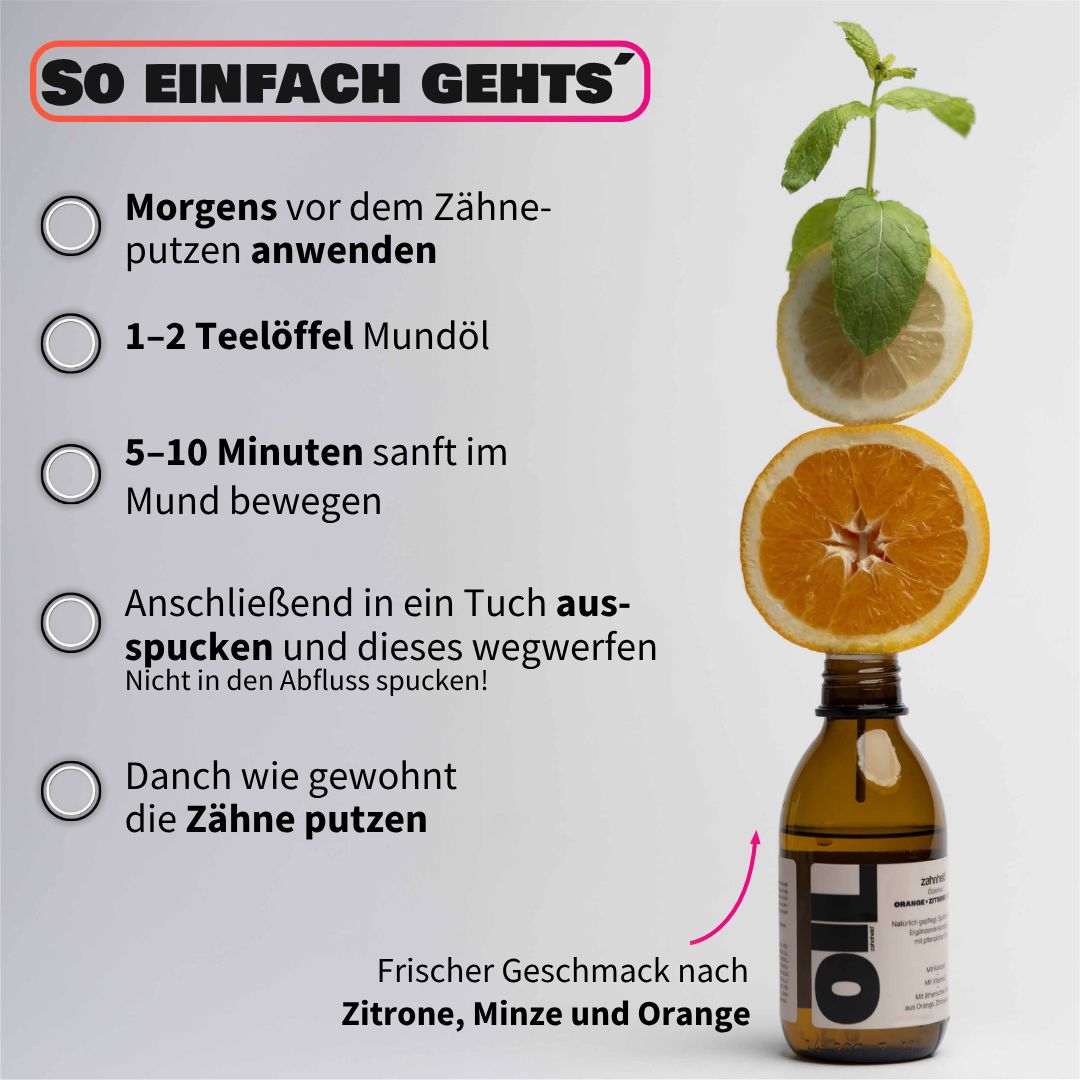 Zahnheld Mundzieöl Flasche mit Zitrone, Orange und Minze, Anwendungsanleitung.