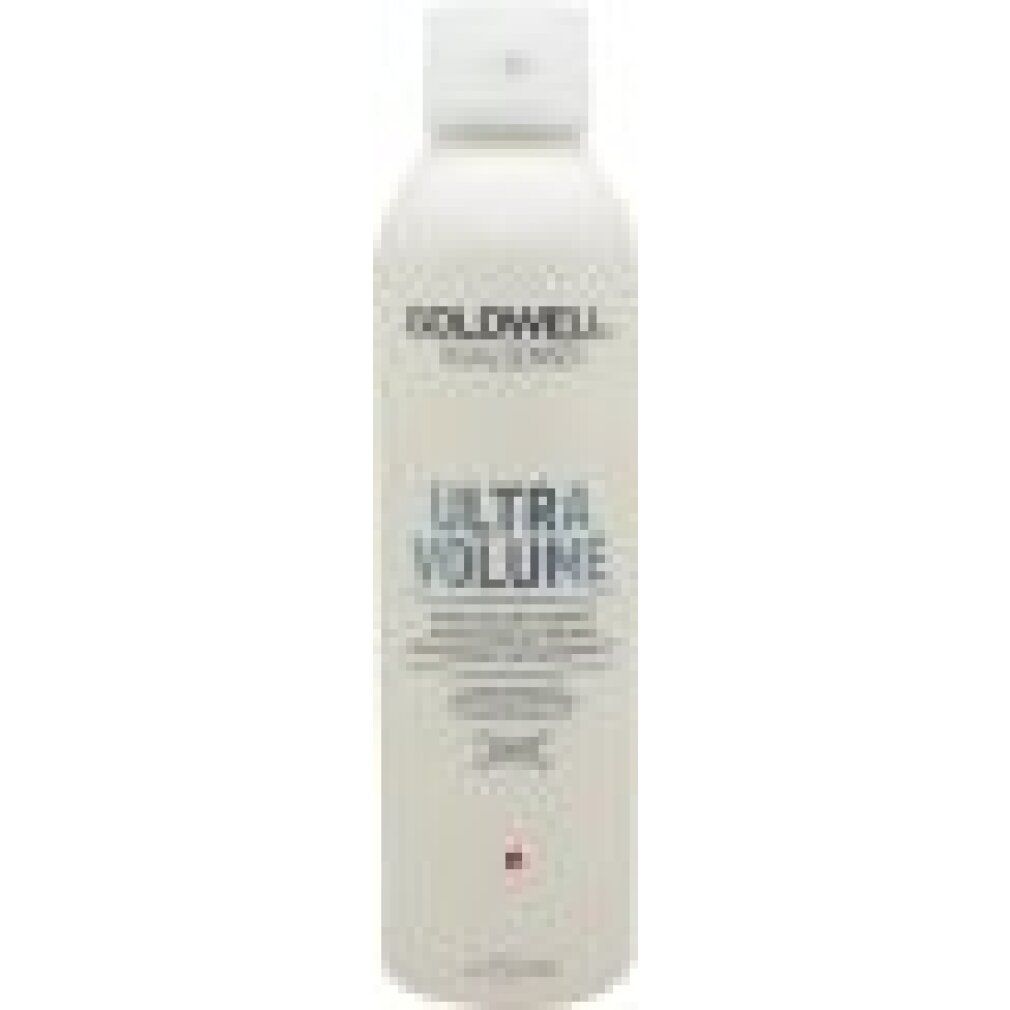 Weißes Trockenshampoo mit Sprühkopf. Aufschrift: GOLDWELL DUALSENSES ULTRA VOLUME. Farbmarkierung.