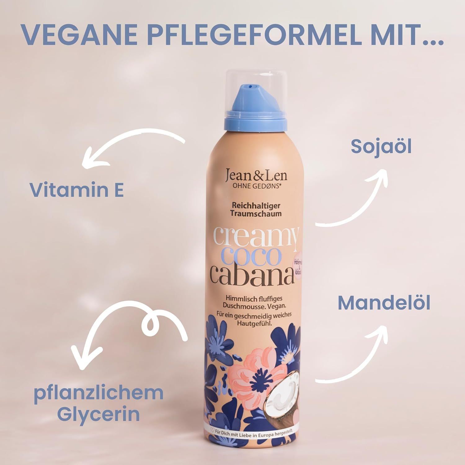 Produktflasche mit Pfeilen auf Inhaltsstoffe: Vitamin E, pflanzliches Glycerin, Sojaöl, Mandelöl. Aufschrift: Jean & Len, Reichhaltiger Traumschaum.