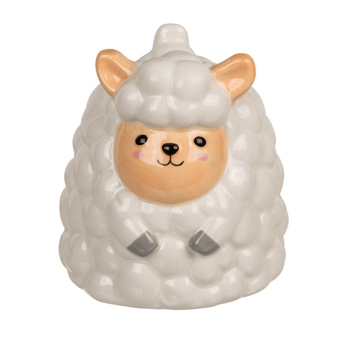 Keramikbecher Schaf, weiß. Schaf-Design mit Ohren, Gesicht und Beinen. Ohne Henkel. Rundliche Form.