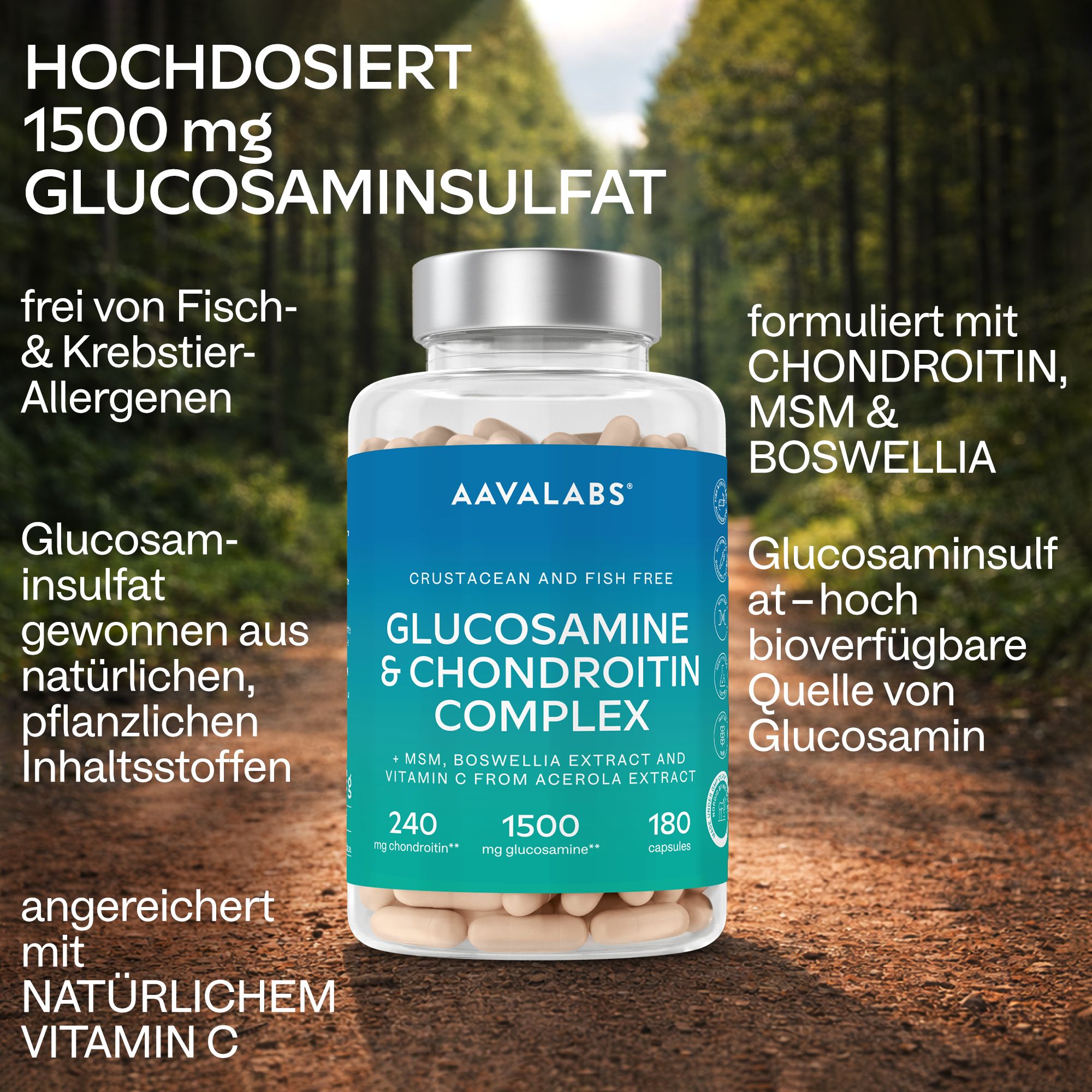 Flasche mit Glucosamin-Kapseln in natürlicher Umgebung.