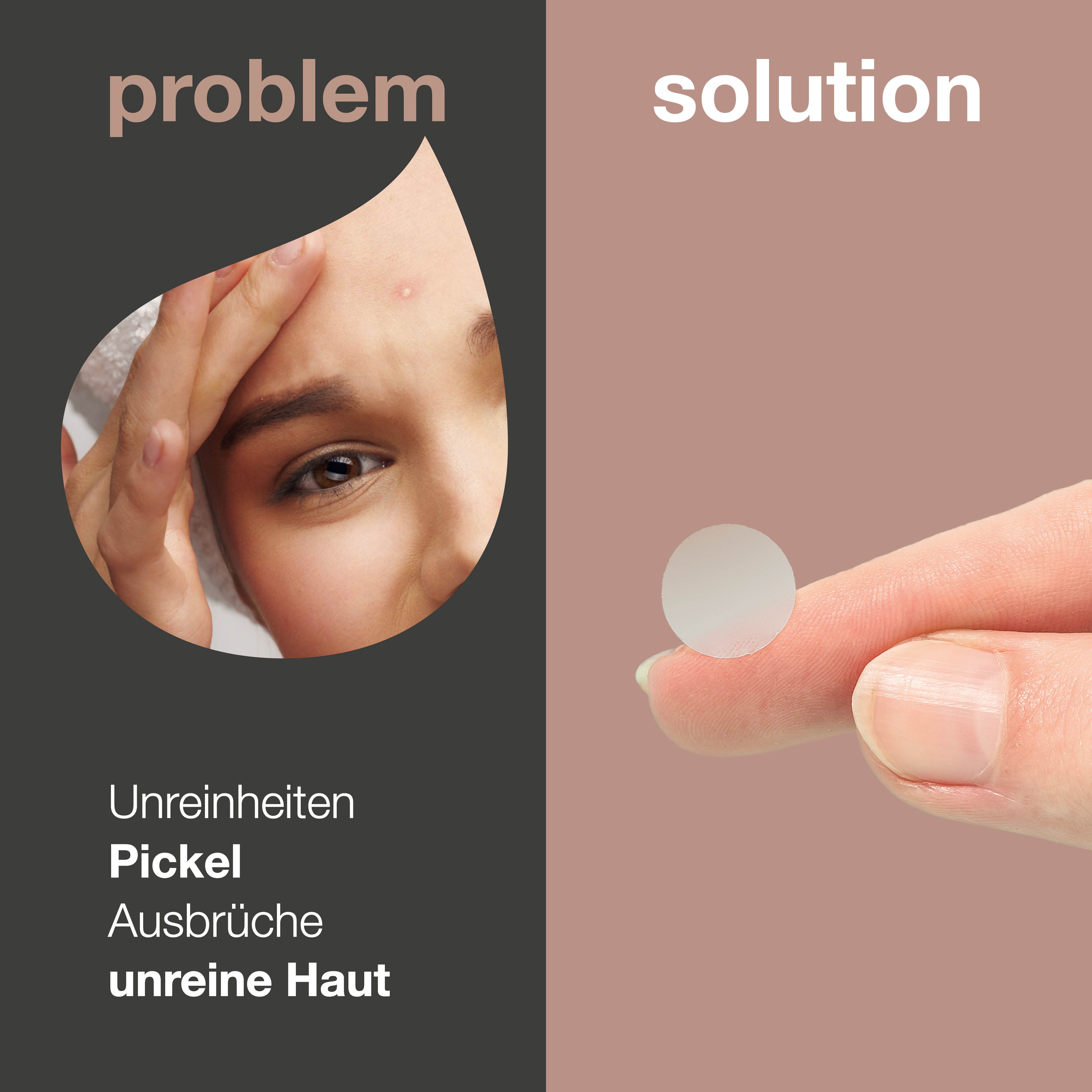 Zweiteiliges Bild. Links: Gesicht mit Pickel. Rechts: Pickel Patch auf Finger. Text: Problem, Solution.