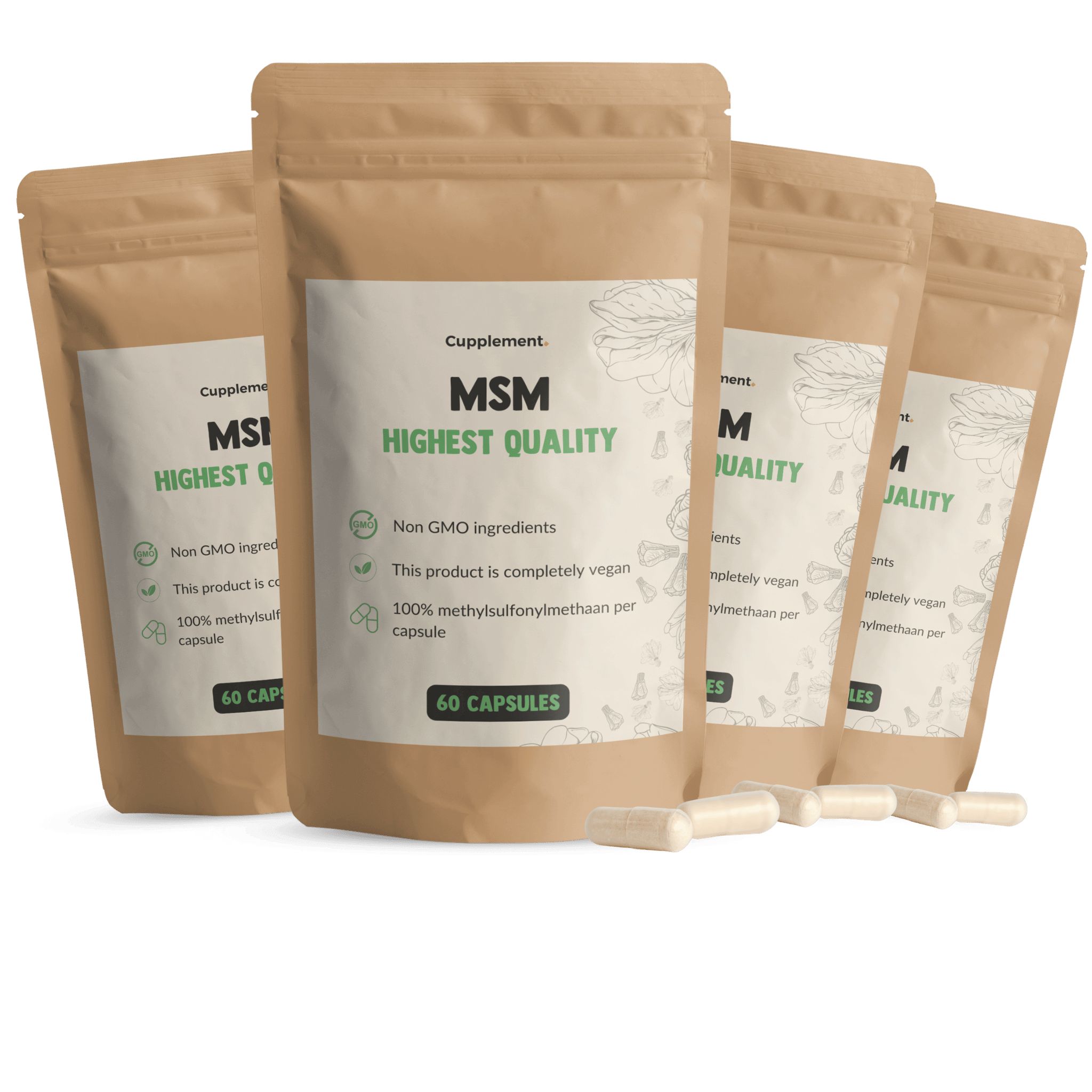 Beutel mit Kapseln. Aufschrift: MSM Highest Quality, 60 Kapseln. Vegan, ohne GVO. Kapseln liegen daneben.