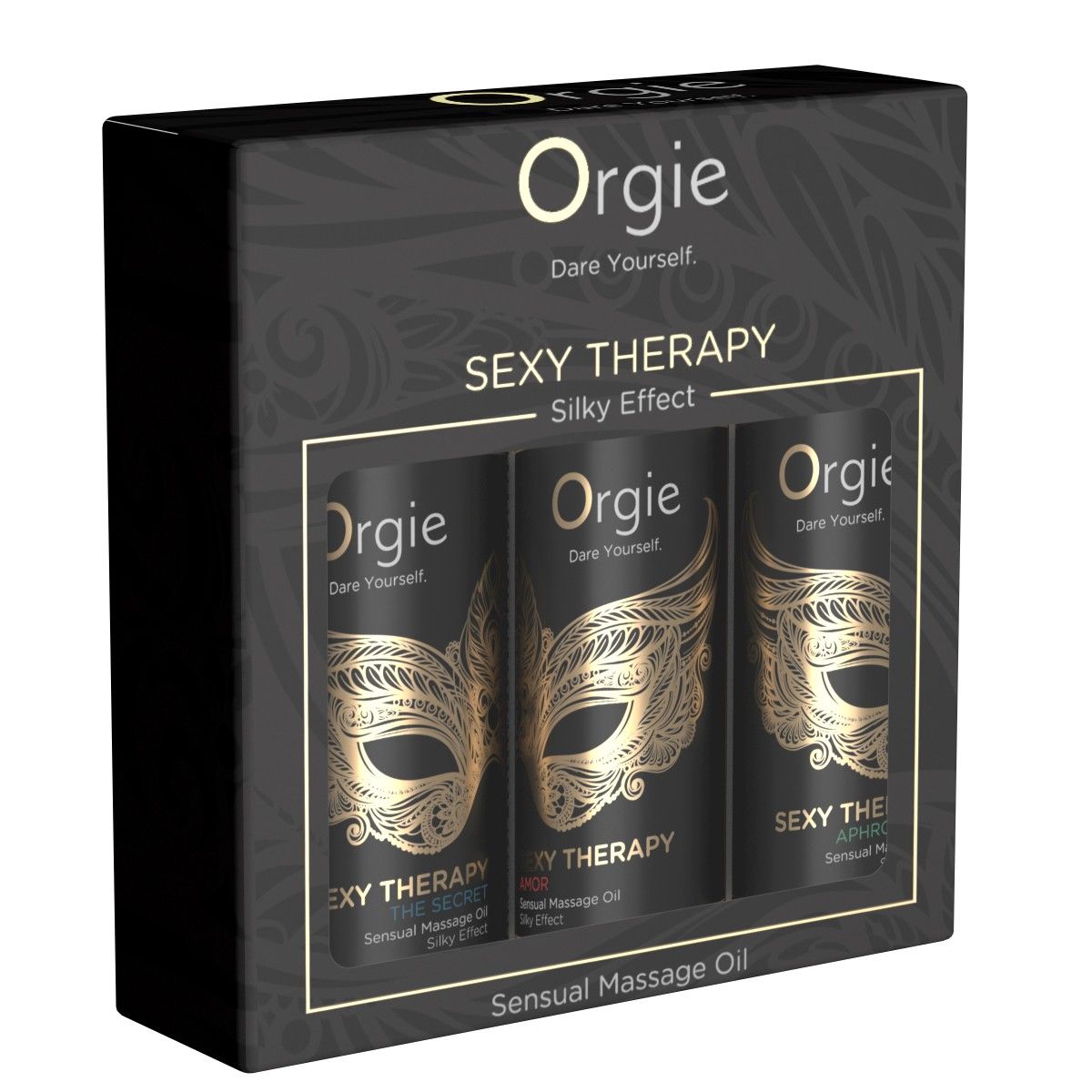 Geschenkbox mit drei Flaschen "Orgie Sexy Therapy" mit goldener Maske.