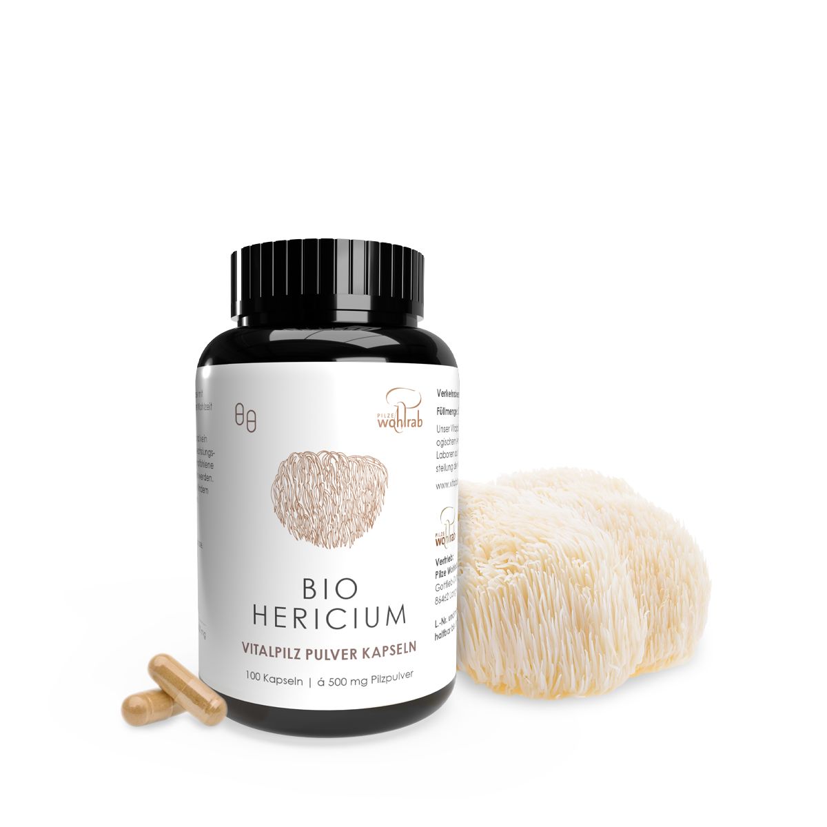 Braune Kapseln neben einer schwarzen Flasche mit Aufschrift BIO Hericium Vitalpilz Pulverkapseln. 100 Kapseln.