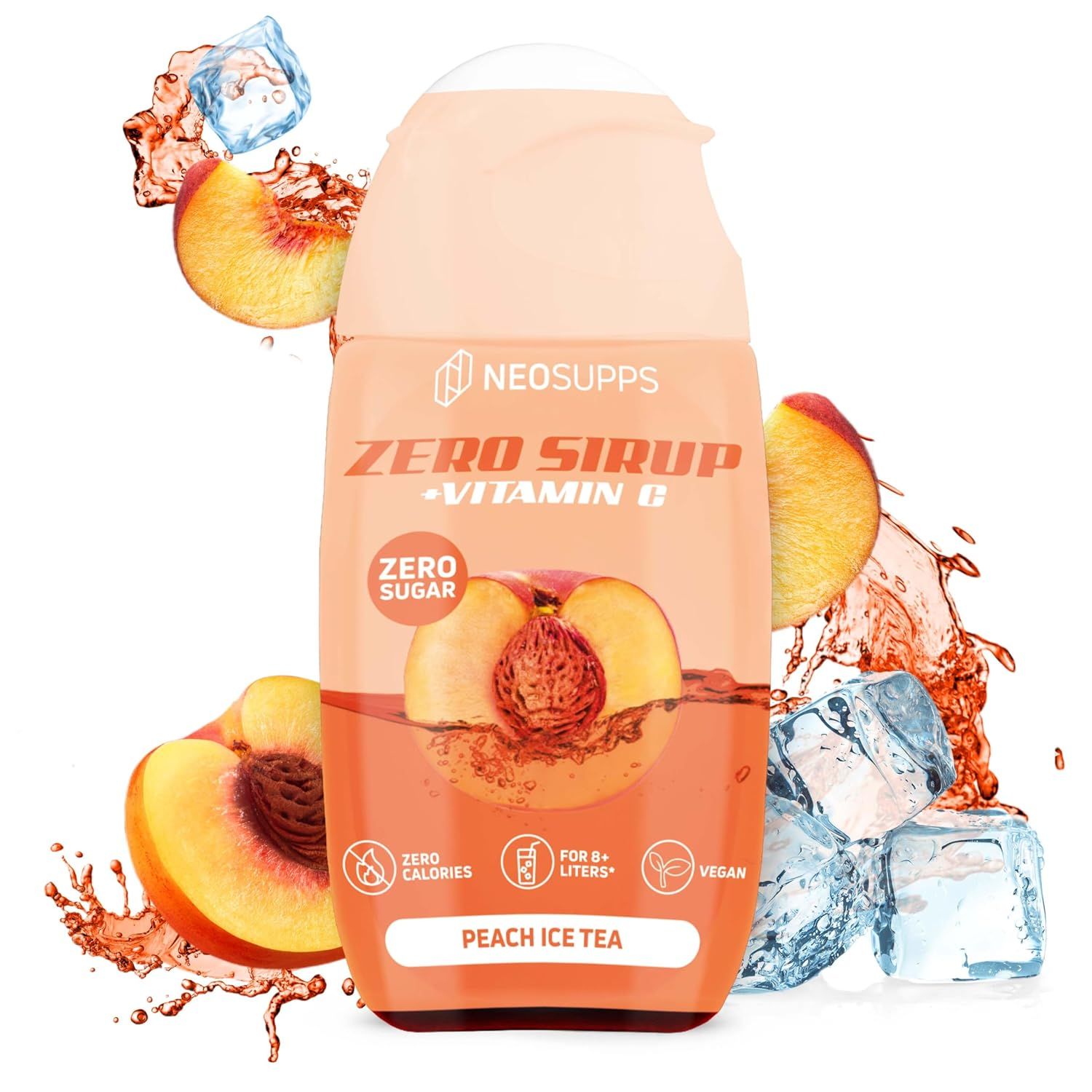Flasche "Zero Sirup + Vitamin C" mit Pfirsich und Eiswürfeln. Aufschrift: "Peach Ice Tea".