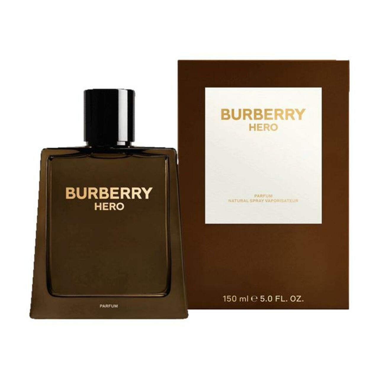 Burberry Hero Parfum Nat. Spray Flakon und Verpackung. Braune Verpackung mit weißem Feld und goldfarbenem Schriftzug.
