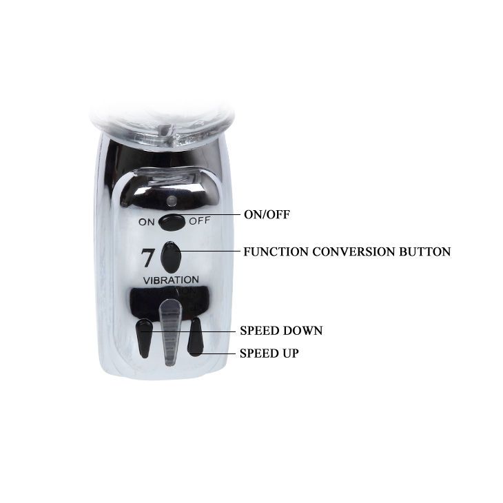 Nahaufnahme des Bedienfelds eines silberfarbenen Rotators. Beschriftungen: On/Off, 7 Vibrationen, Speed Up/Down.