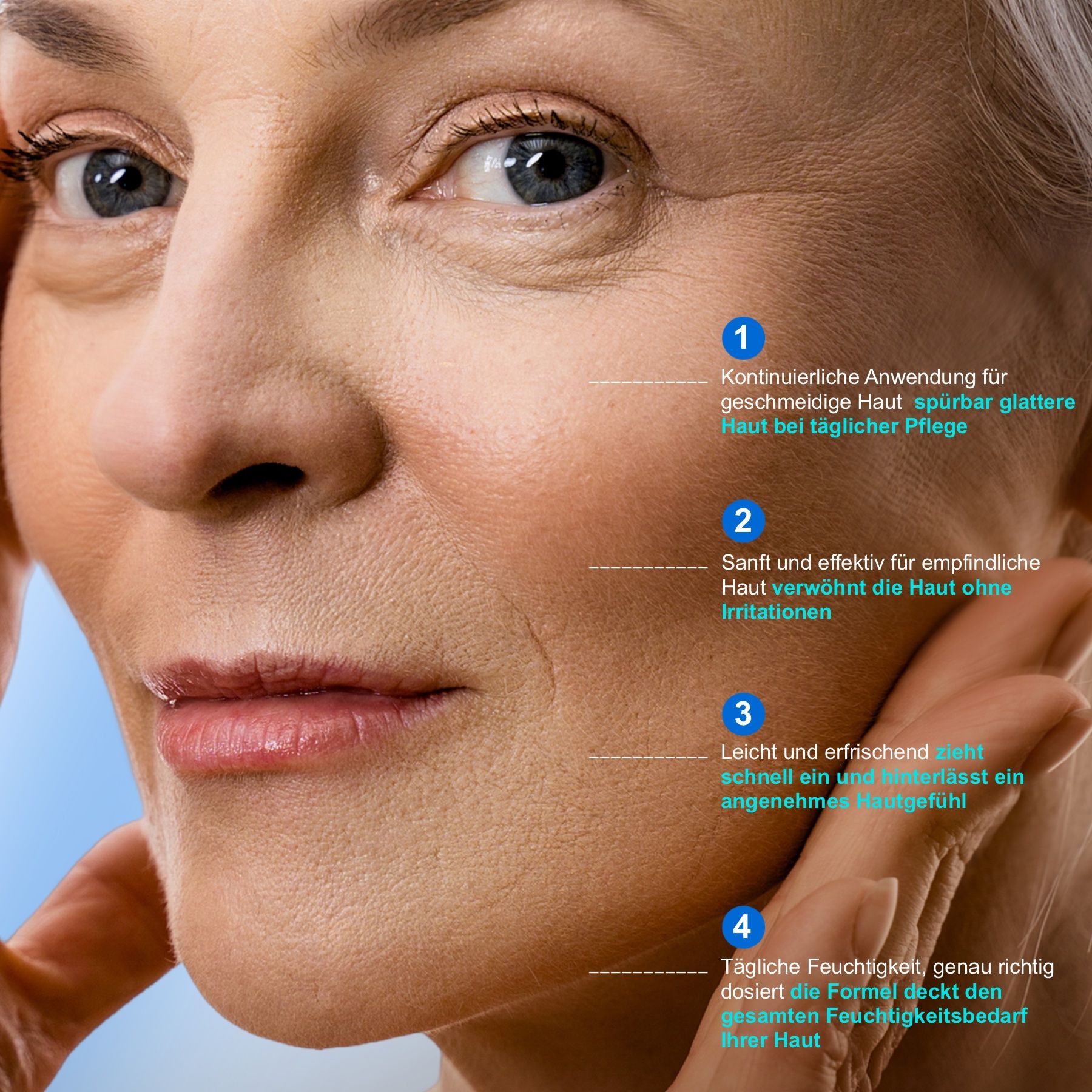 Nahaufnahme eines Gesichts mit Text. Markierungen mit Text: glatte Haut, empfindliche Haut, erfrischt, Feuchtigkeit.