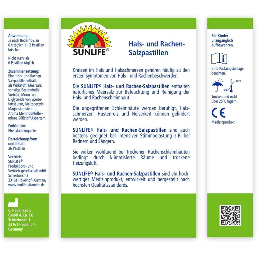 Rückseite der Verpackung von Sunlife Hals- und Rachen-Salzpastillen. Informationen zu Anwendung und Inhaltsstoffen.