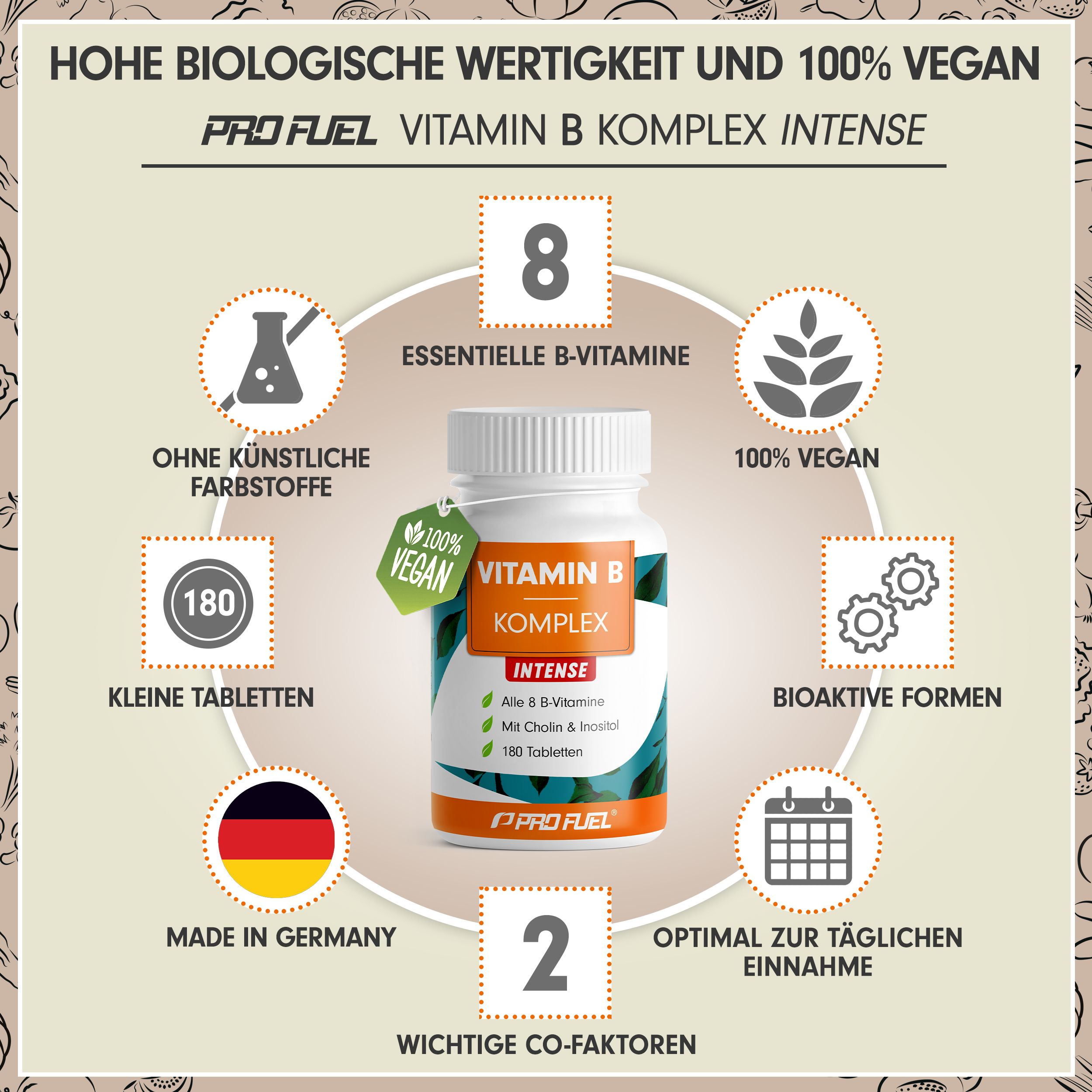 Weiße Flasche mit Vitamin B Komplex Intense Tabletten. Grün-oranges Etikett mit Produktinformationen. 100% Vegan-Siegel. Made in Germany.