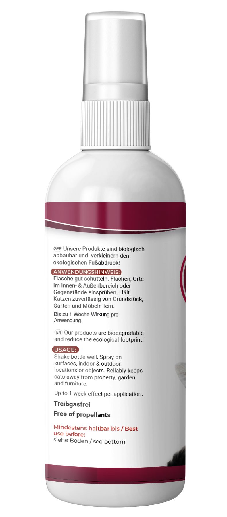 Rückseite einer weißen Sprühflasche. Text: Anwendungshinweise, biologisch abbaubar, bis zu 1 Woche Wirkung. Text: Treibgasfrei.