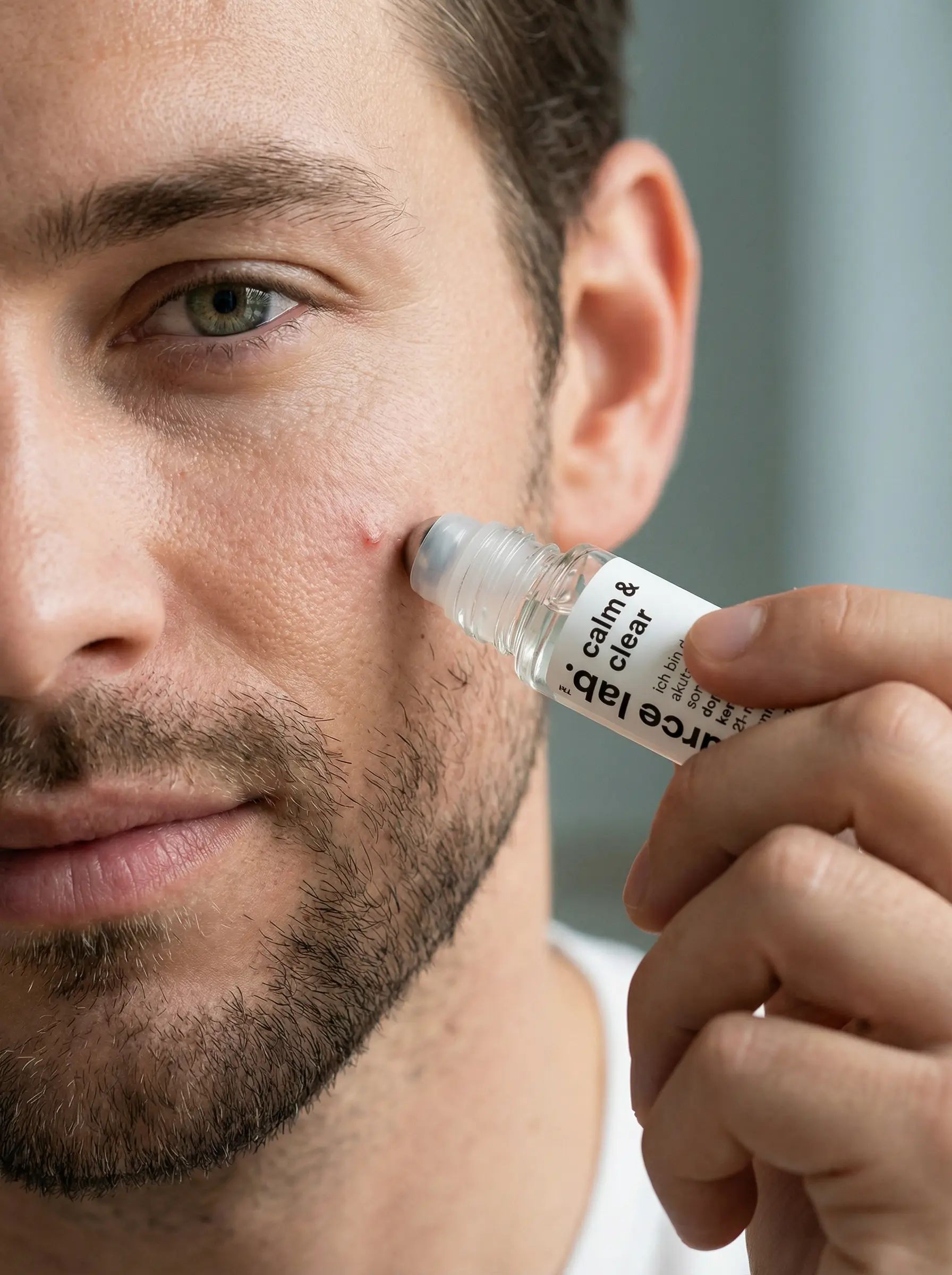 Mann hält calm&clear Roll-on-Stick von the source lab. an seinem Gesicht. Der Roll-on wird auf einen Pickel aufgetragen. Produkt und Gesicht sichtbar.