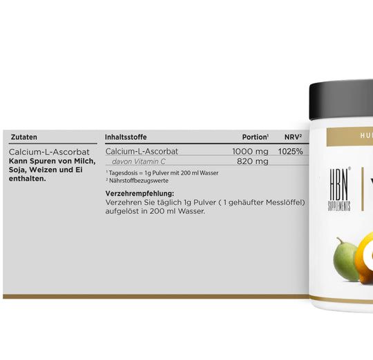 HBN Supplements Vitamin C+ Behälter, teilweise sichtbar. Zutatenliste und Nährwertangaben auf weißem Hintergrund.