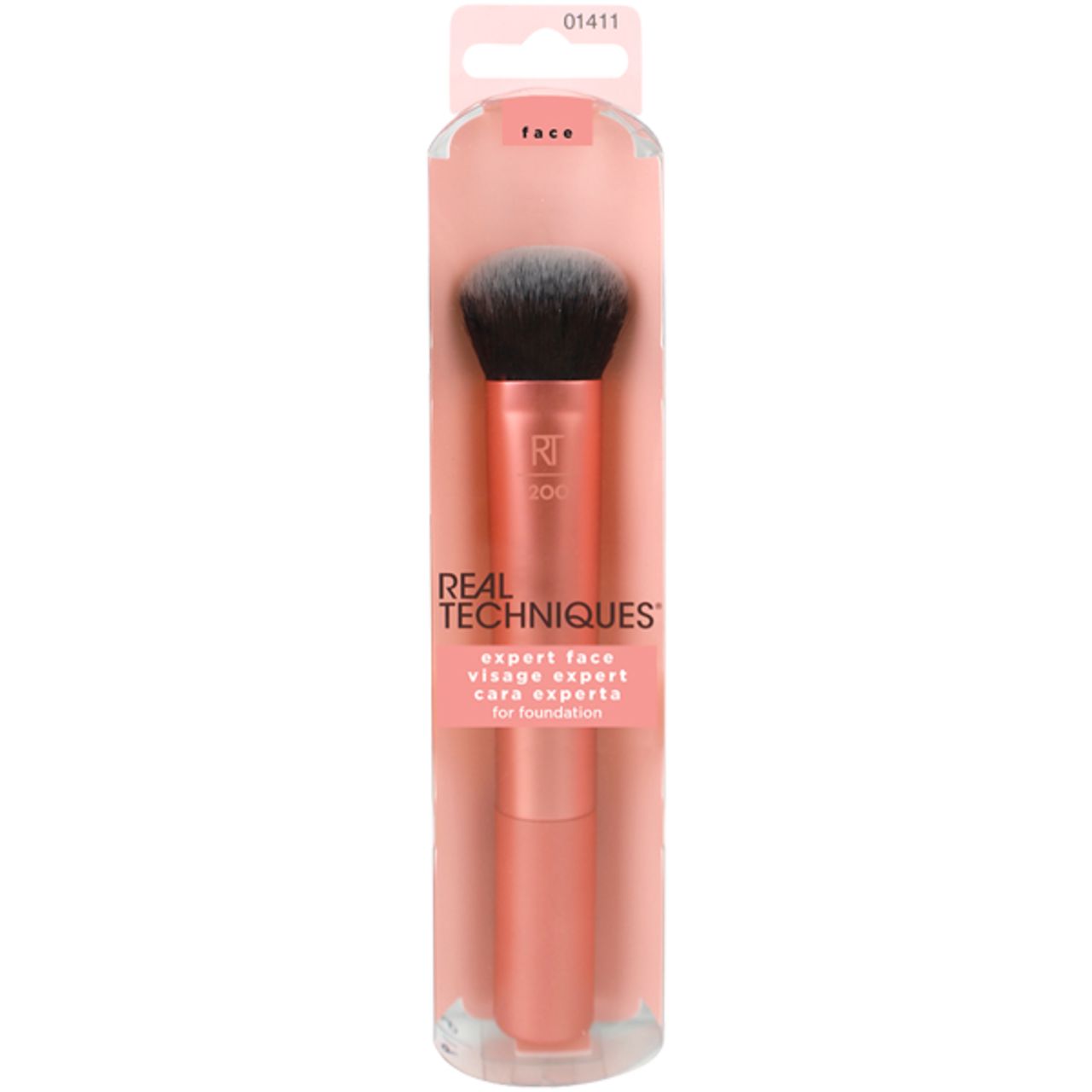 Make-up-Pinsel in transparenter Verpackung. Auf der Verpackung steht 'REAL TECHNIQUES' und 'expert face'.