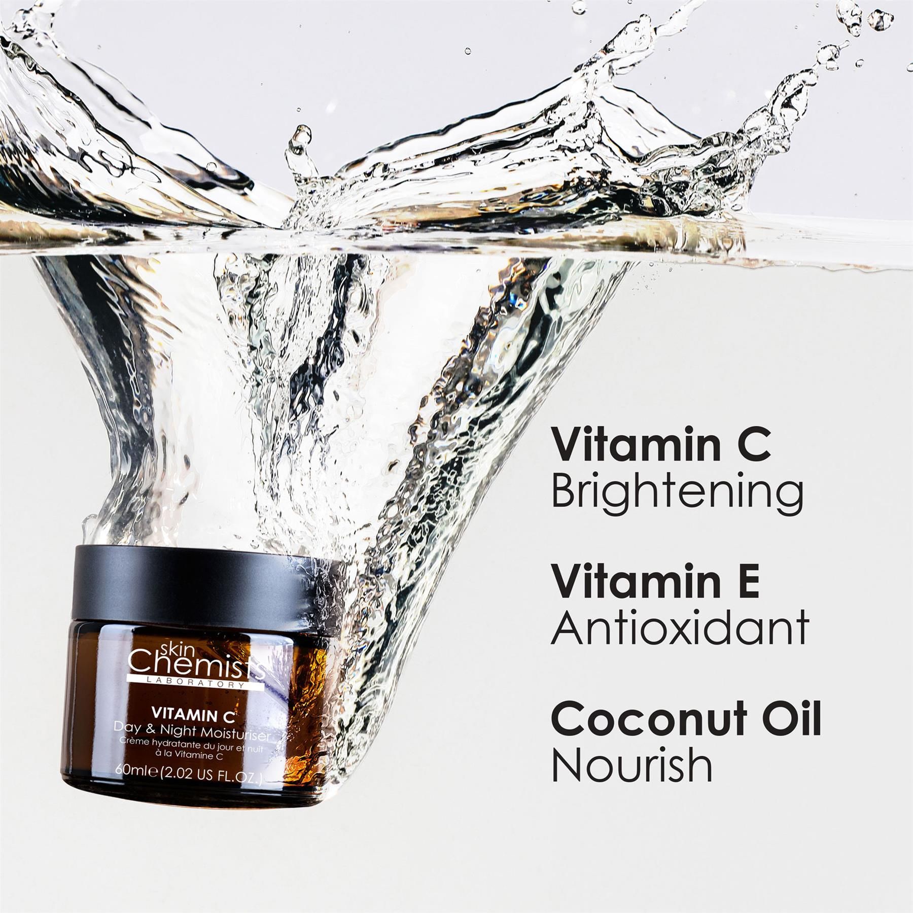 SkinChemists Vitamin C Creme mit Vitamin E und Kokosöl in einem Wasserspritzer.