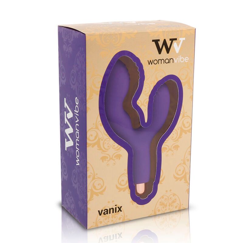 Lila Vanix Vibrator in Verpackung. Aufdruck: Womanvibe, Vanix. Verpackung: Beige mit lila Akzenten und Produktabbildung.
