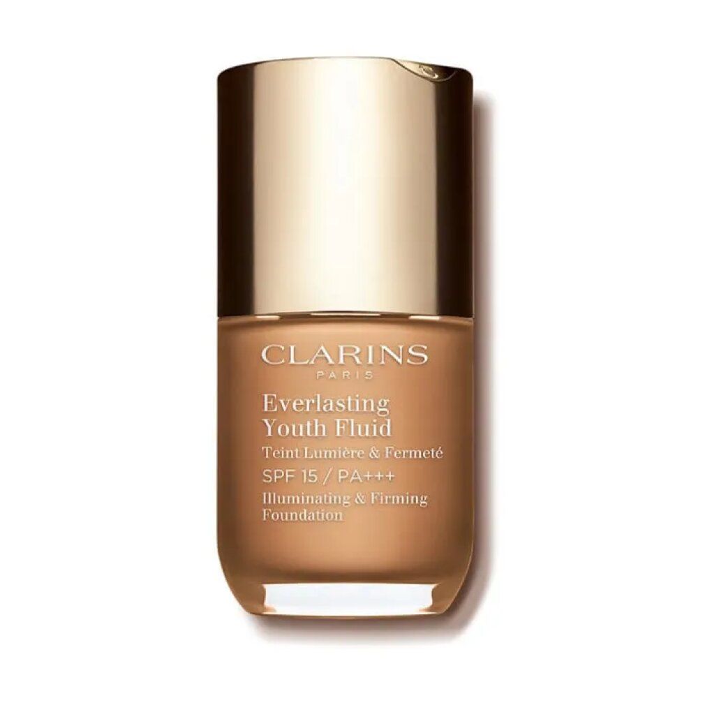 Clarins Everlasting Youth Fluid Foundation in goldfarbener Flasche mit goldfarbenem Verschluss. SPF 15.