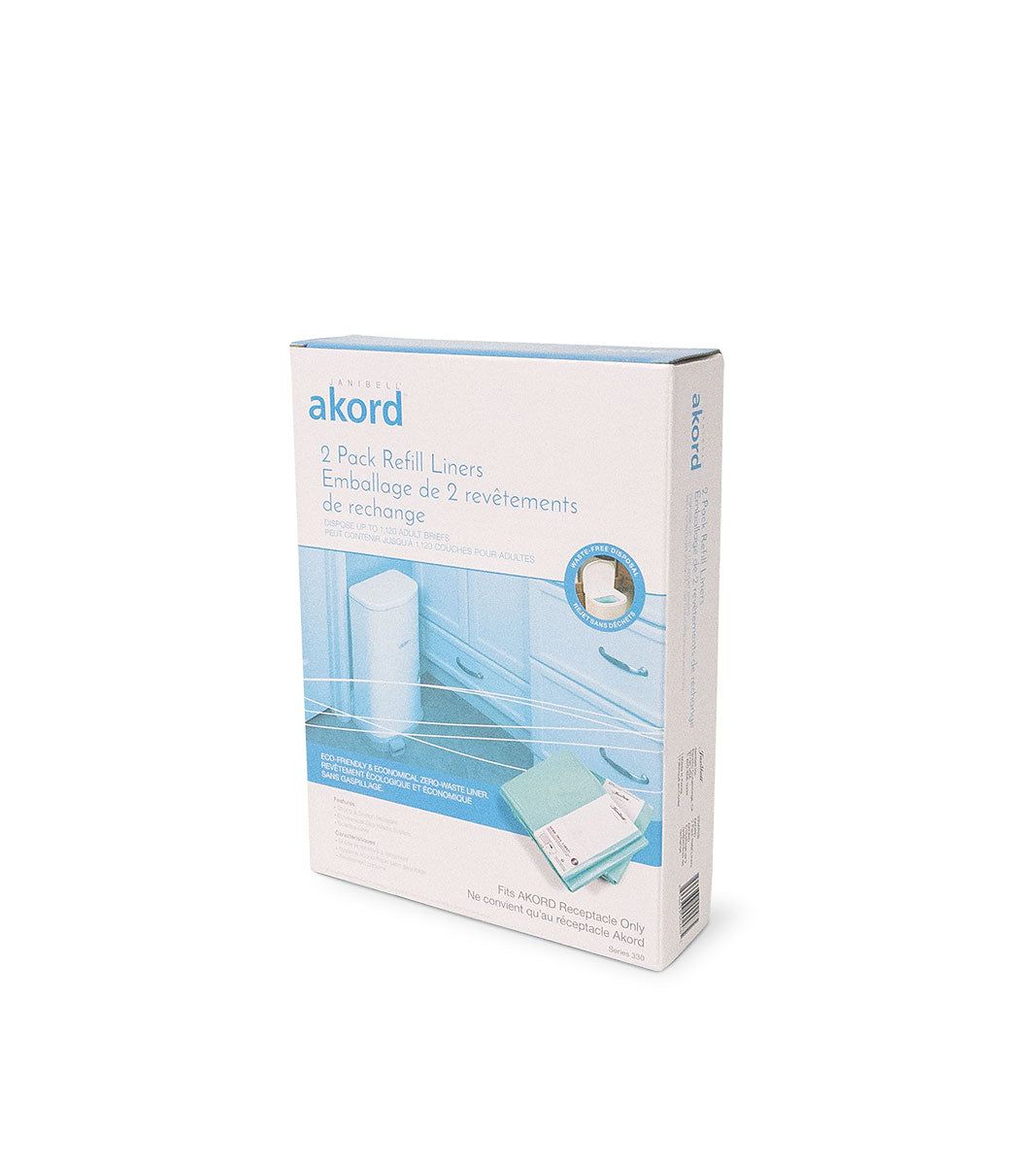 Kartonverpackung mit der Aufschrift "akord". Abbildung eines Abfalleimers und der Aufschrift "2 Pack Refill Liners".