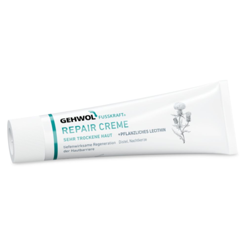 Creme-Tube. Aufschrift: GEHWOL FUSSKRAFT Repair Creme. Enthält pflanzliches Lecithin. Mit Distel-Illustration.