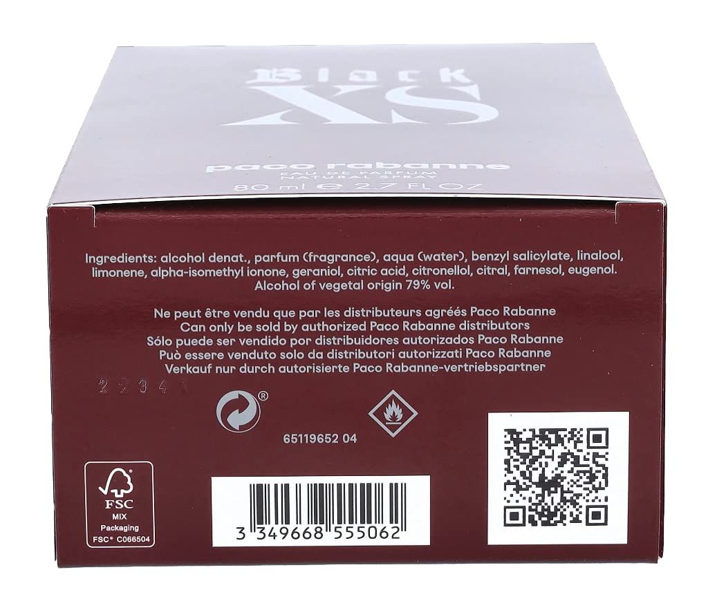 Rote Verpackung mit Text. Enthält Inhaltsstoffe, Warnhinweise, QR-Code und FSC-Logo.