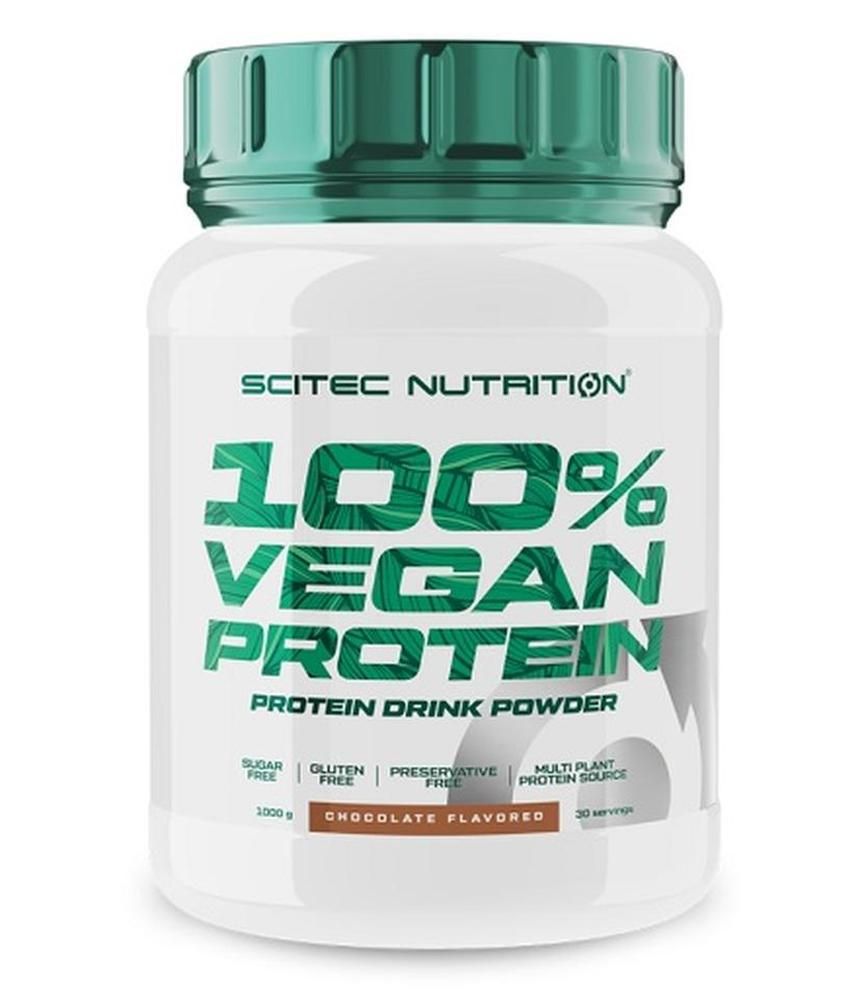 Weißes Scitec Nutrition Protein-Pulver. Grüner Deckel. Aufschrift: 100% Vegan Protein, Schoko-Geschmack. 1000g.