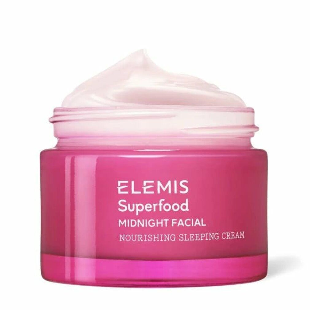 Pinkfarbener Tiegel mit weißem Deckel. Obenauf Creme. Aufschrift: Elemis Superfood Midnight Facial.