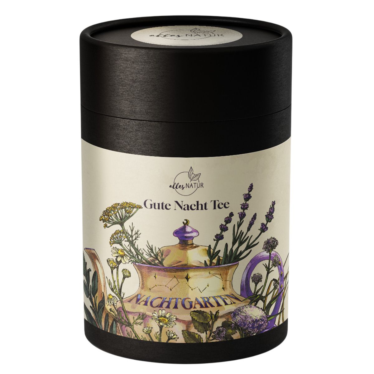 Zylindrische Teedose, schwarz mit Aufdruck. Aufschrift: allesNATUR Gute Nacht Tee Nachtgarten. Abbildung einer Teekanne mit Kräutern.