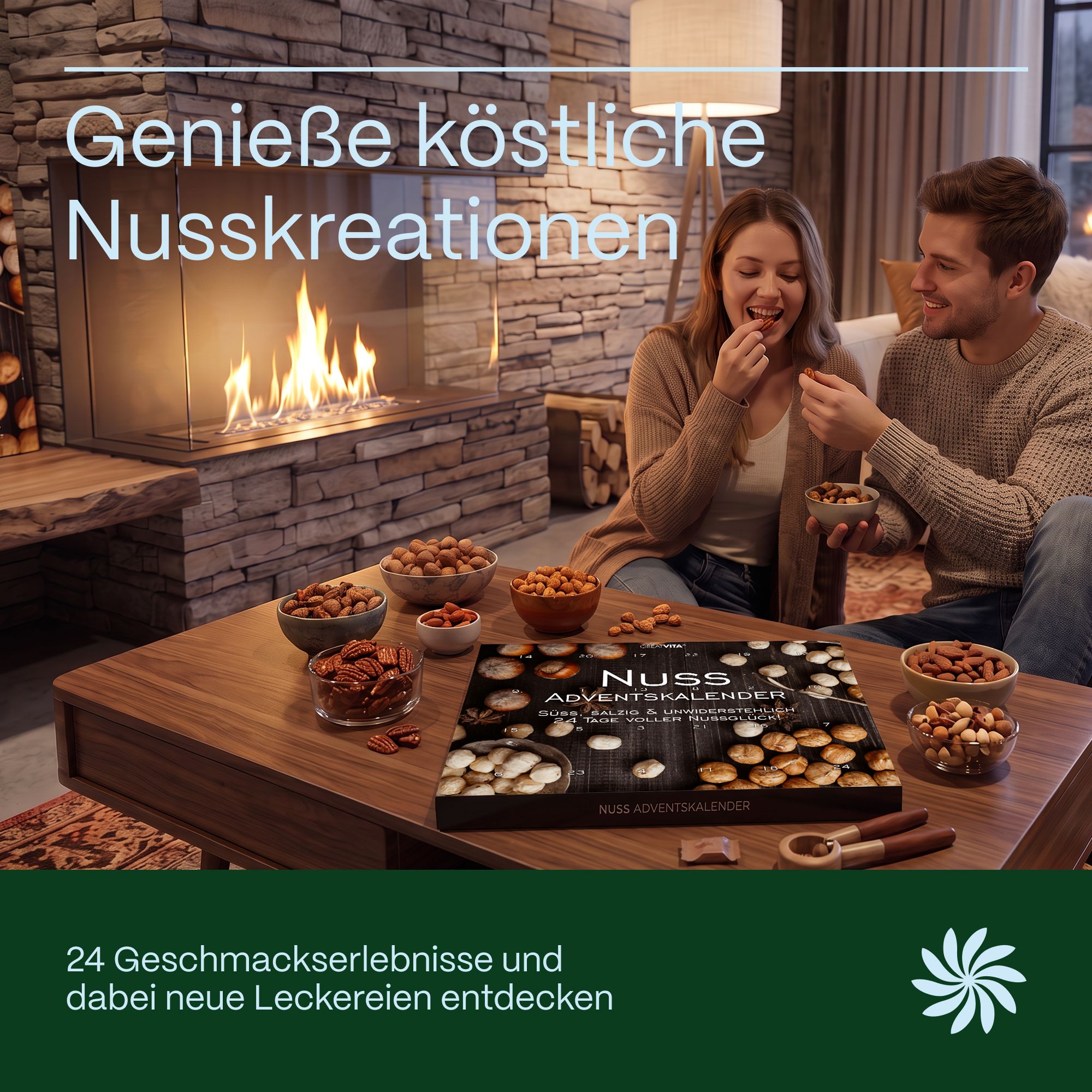 Paar genießt Nuss Adventskalender am Kamin, 24 Geschmackserlebnisse.