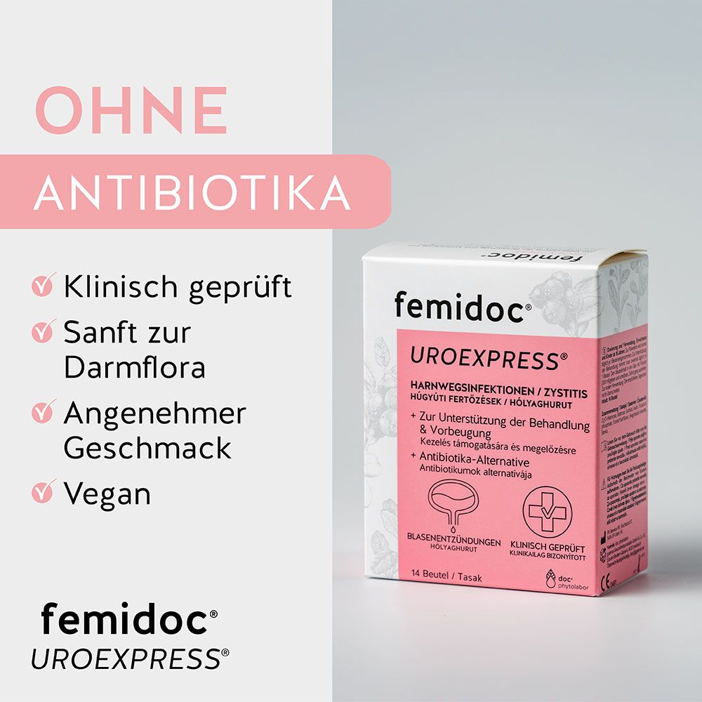 femidoc® UROEXPRESS® Packung. Rosa-weiße Schachtel mit Produktinformationen und Logo. 14 Beutel.