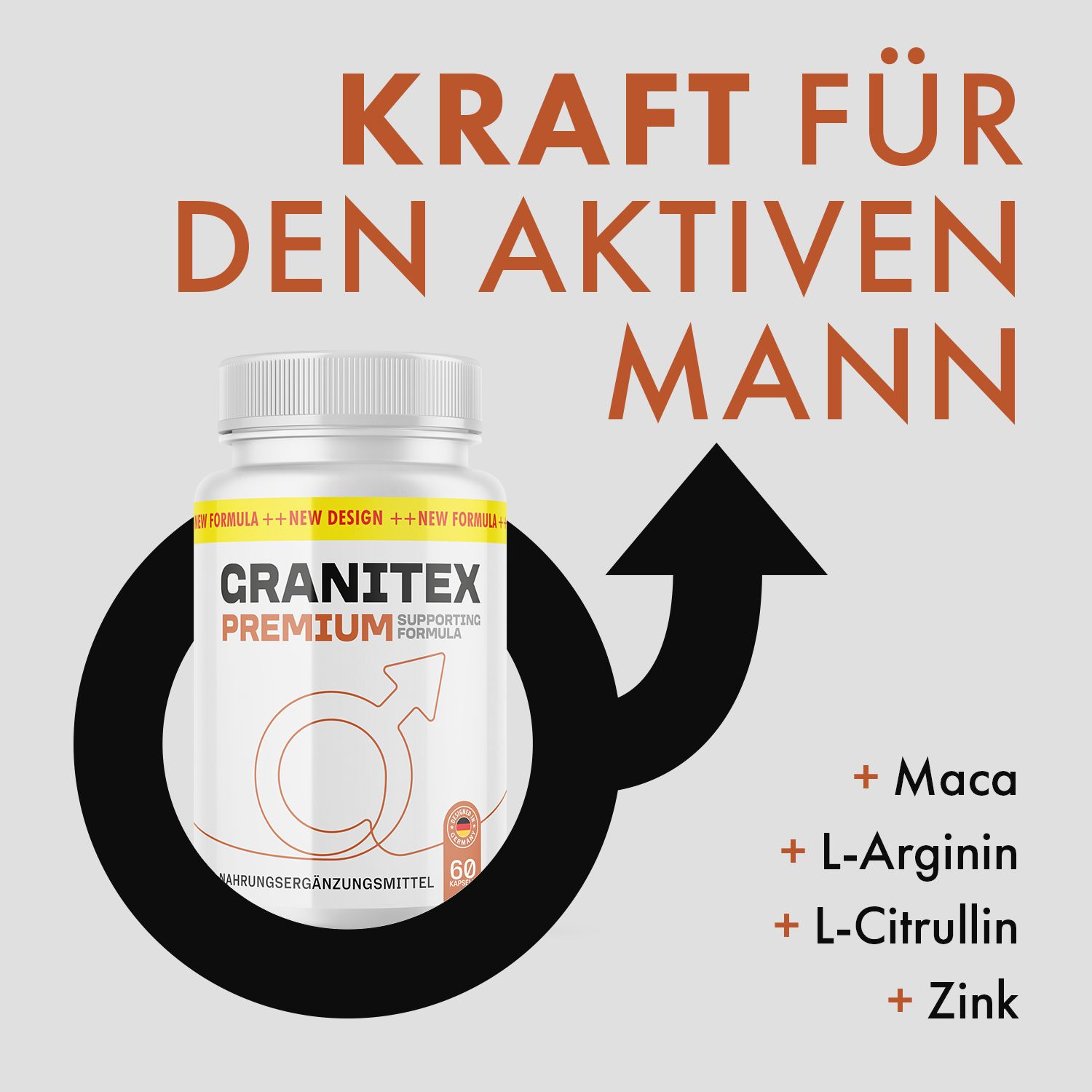 Flasche Granitex Premium Kapseln neben einem Männlichkeits-Symbol. Text: Kraft für den aktiven Mann. Zutaten: Maca, L-Arginin, L-Citrullin, Zink.