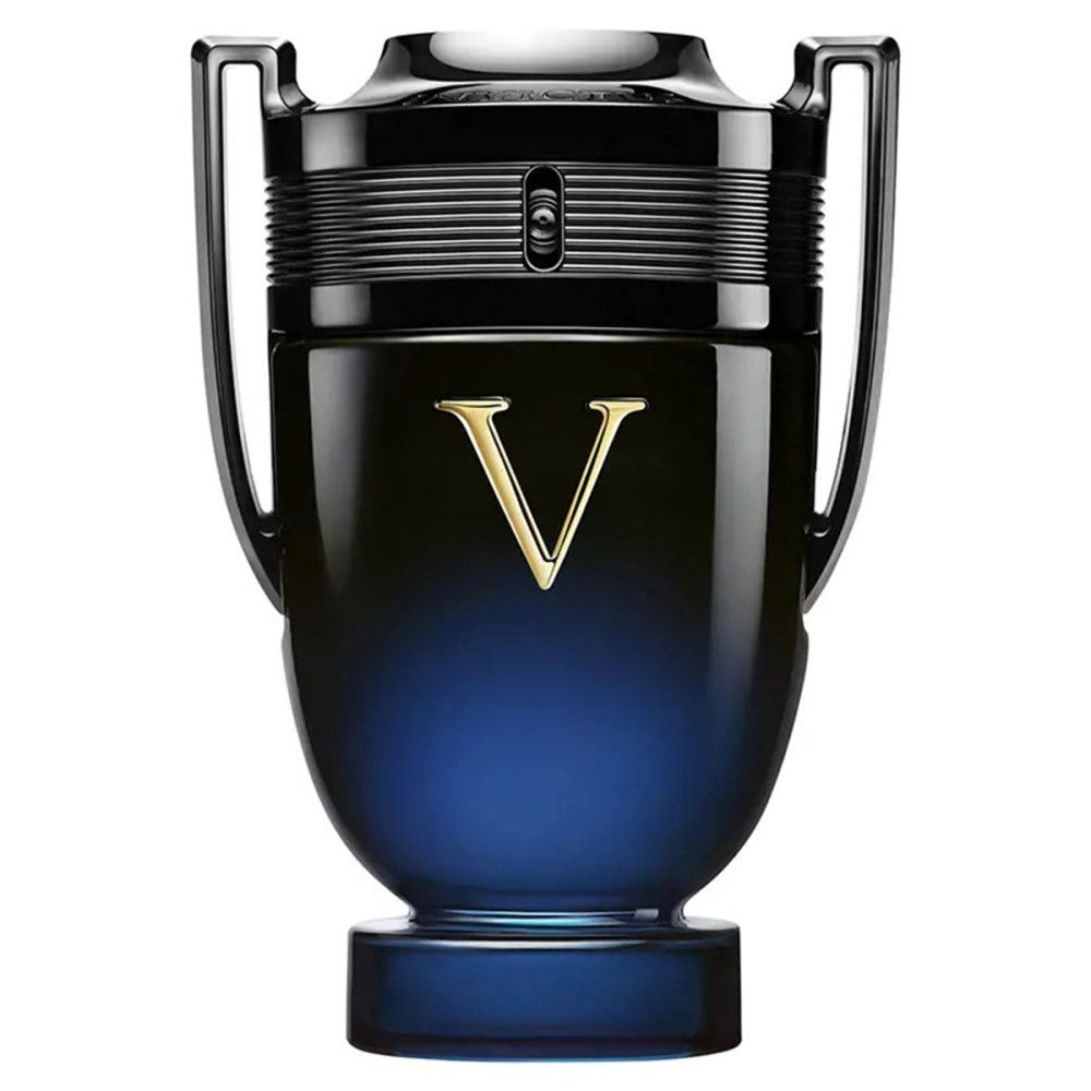 Blaue Flasche mit goldenem V, schwarzer Deckel und Henkel.