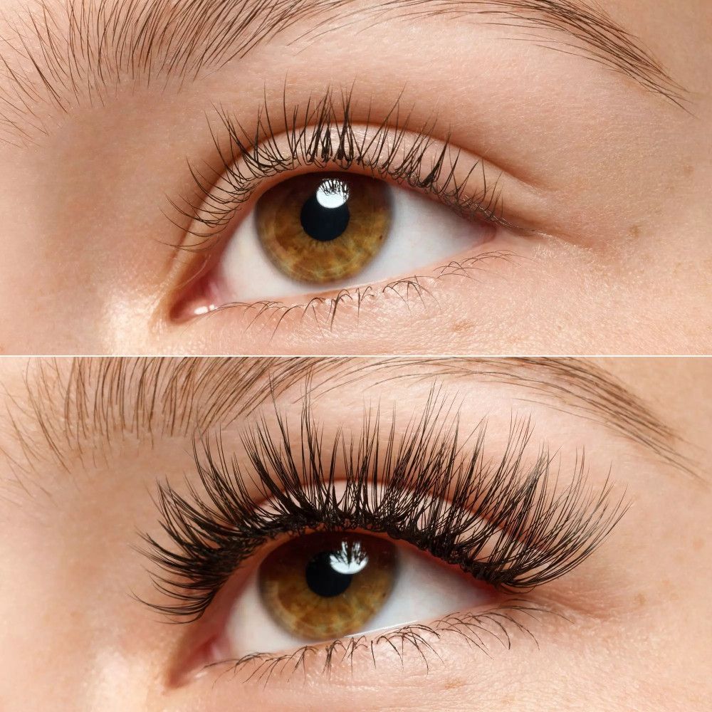 Zwei Augen, eines mit und eines ohne falsche Wimpern. Die falschen Wimpern sind länger und voller.