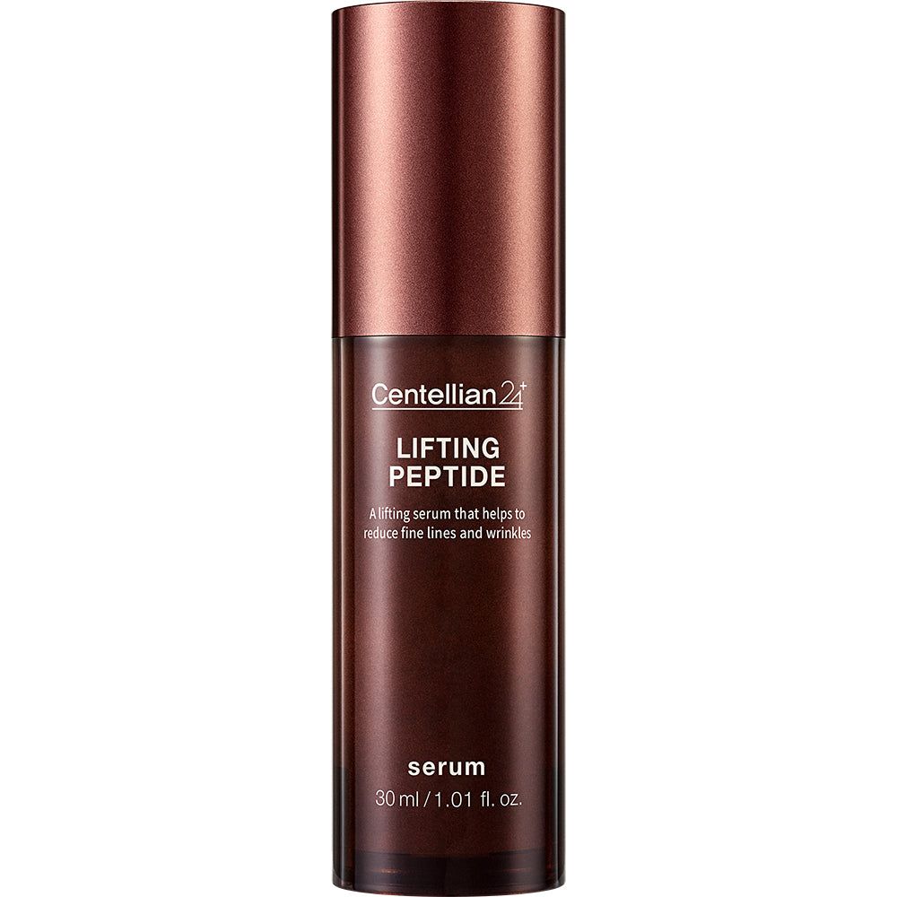 Centellian24 Lifting Peptide Serum Flasche, 30 ml. Dunkelbraunes Glas mit kupferfarbenem Pumpspender.