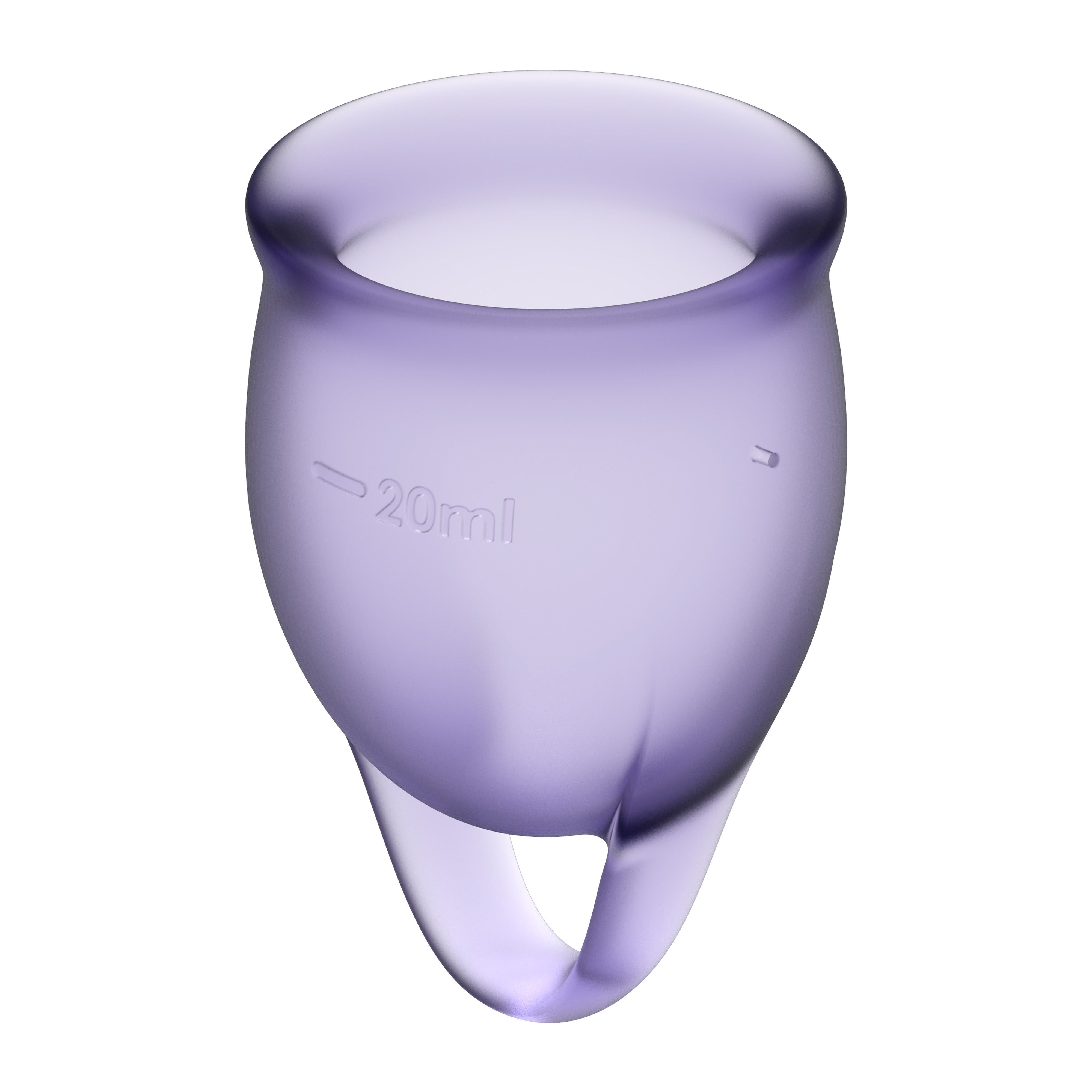 Lilafarbene Menstruationstasse mit 20ml Markierung. Mit Ring am unteren Ende.