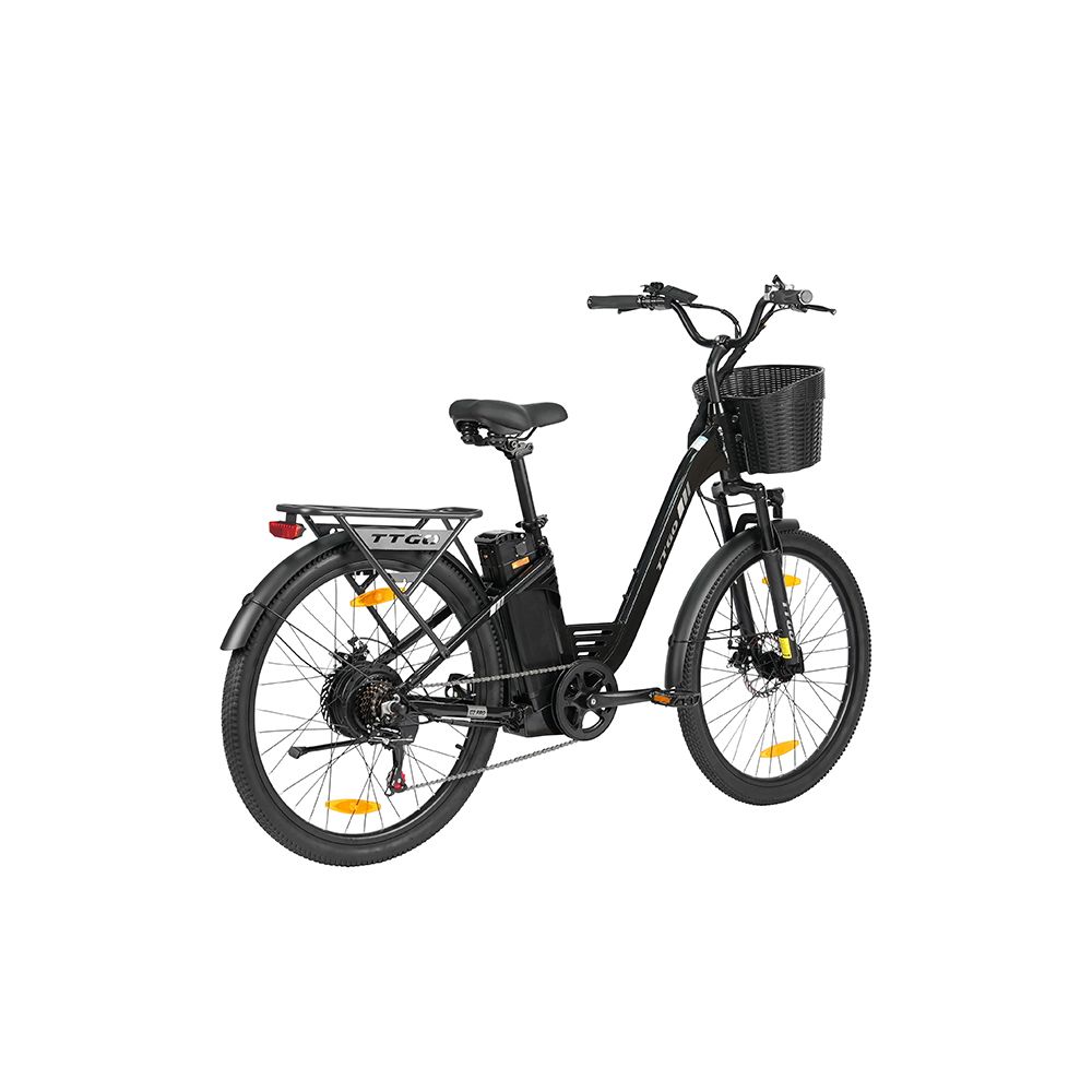 Schwarzes TTGO C2 PRO E-Bike. Korb vorne, Gepäckträger hinten. Shimano 7-Gang. Batterie am Rahmen.