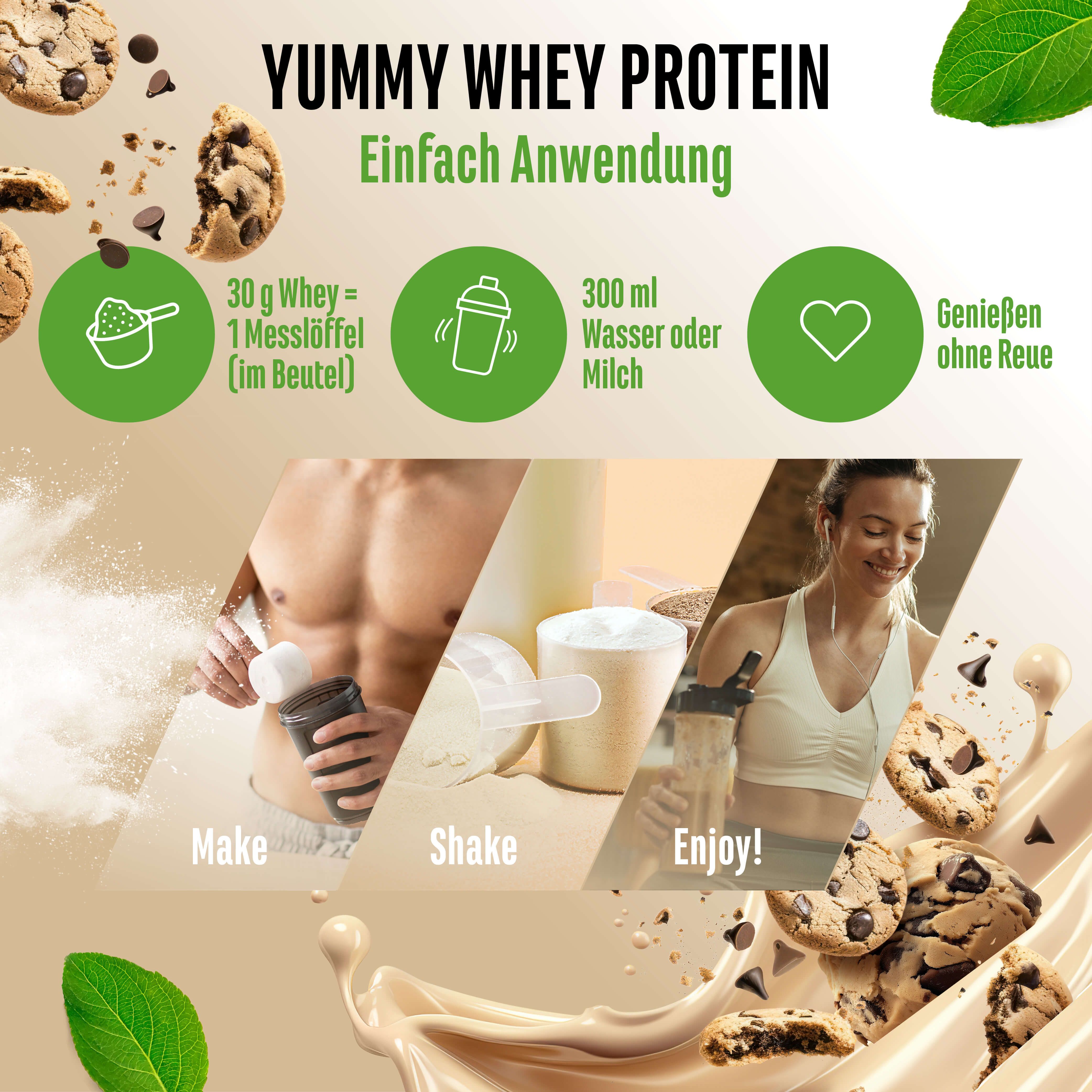 Anwendungshinweise für "Yummy Whey Protein": 30g Whey, 300ml Wasser oder Milch. Personen beim Mixen und Trinken.