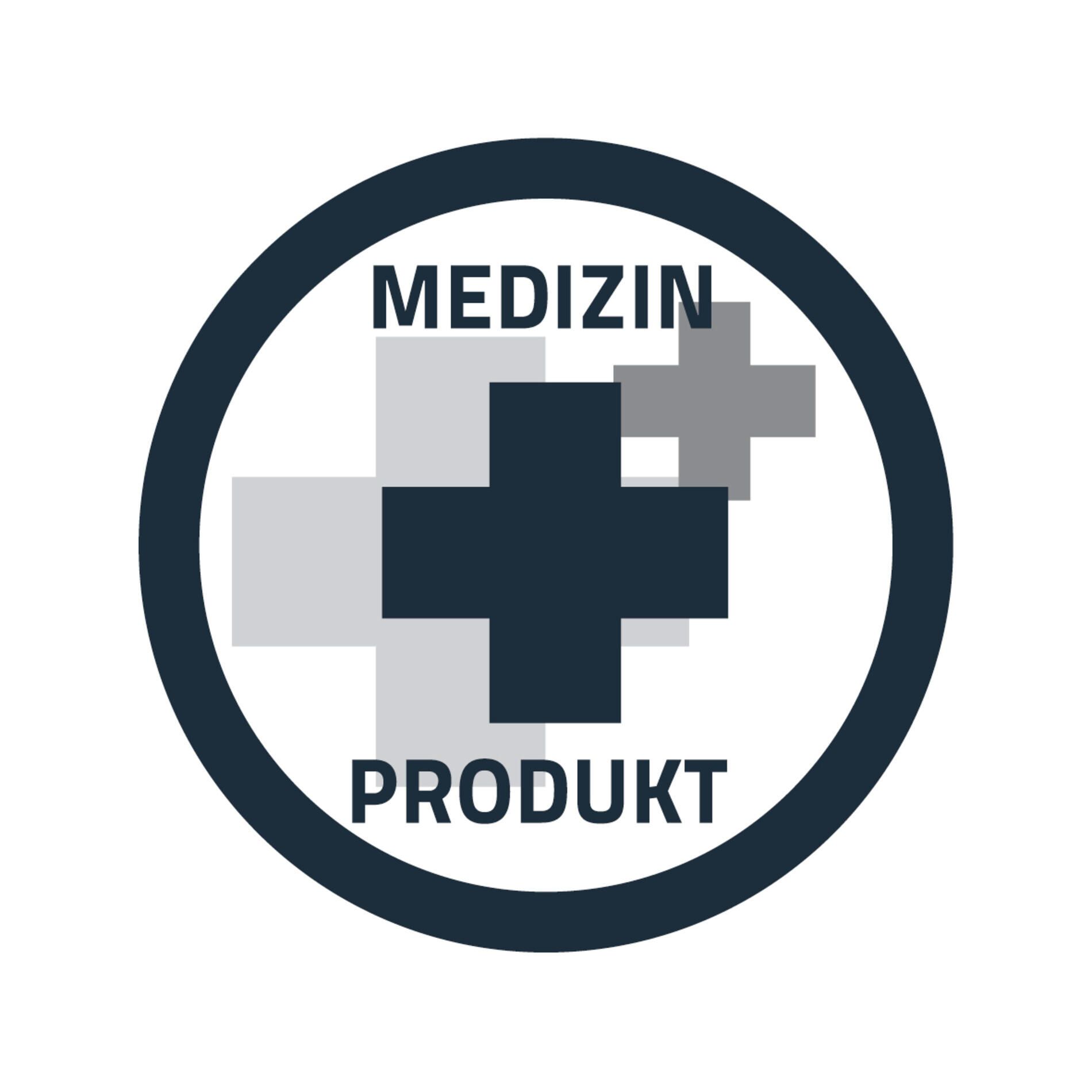 Rundes Logo mit Kreuzen und Text: MEDIZIN PRODUKT.